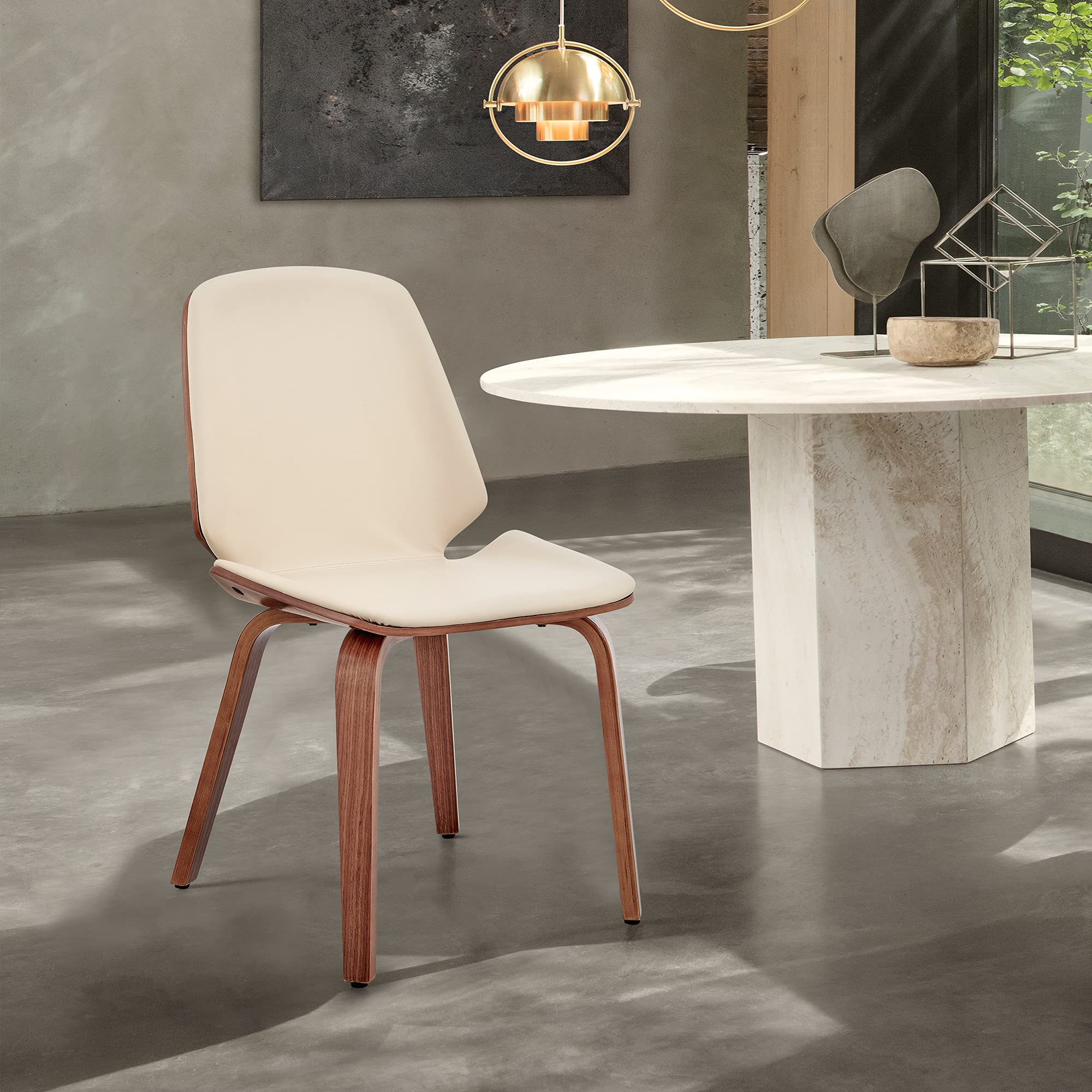 Armen Living Brinley Mid-Century Modern Dining Chair - Cream Faux Leather & Walnut Wood Accent Chair for Kitchen, Dining Table, Home Office Desk & Vanity | Perfect for Small Spaces & Contemporary Decor