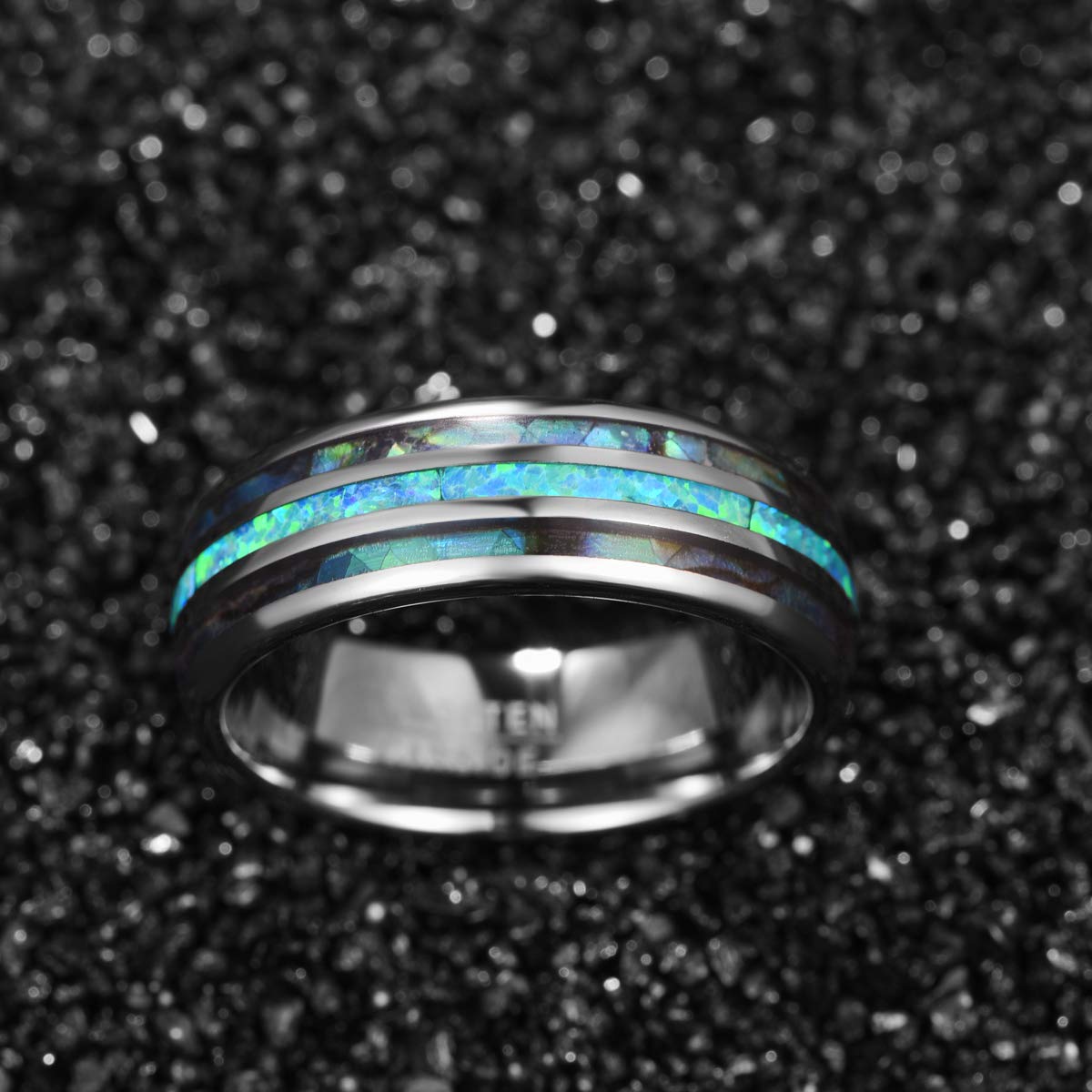 Men's Tungsten Wedding Band - 8mm Comfort Fit Ring with Real Blue/Green Opal & Abalone Shell - Size 7-12 - Durable Tungsten Carbide Engagement Ring for Men - Perfect for Weddings, Anniversaries & Everyday Wear
