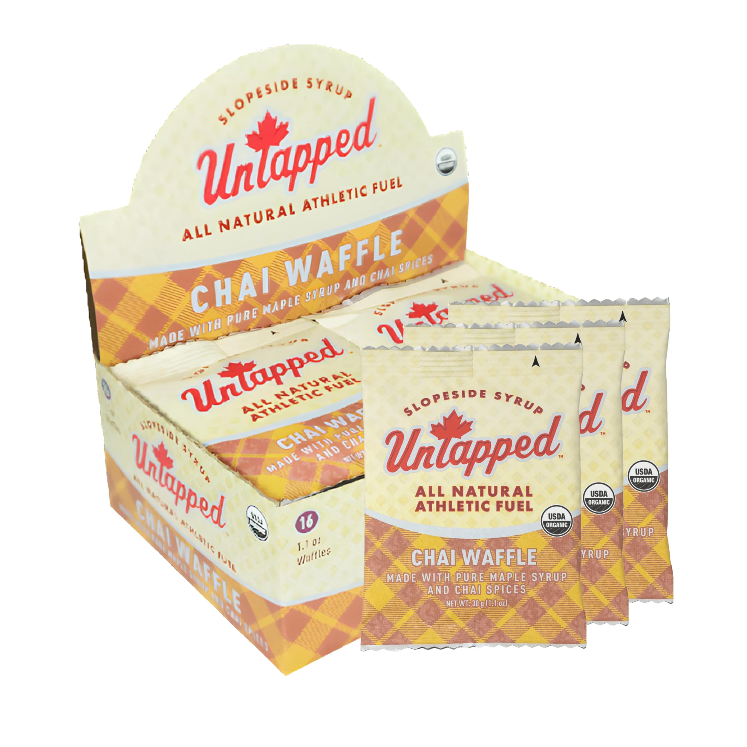 Organic Chai Waffles 1.1 oz Each, Box of 16 - Vegan Sports Snacks Sweetened with Maple Syrup & Chai Spices | Endurance Food for Cycling, Running & Hiking | Gluten-Free Athletic Performance Energy Waffles