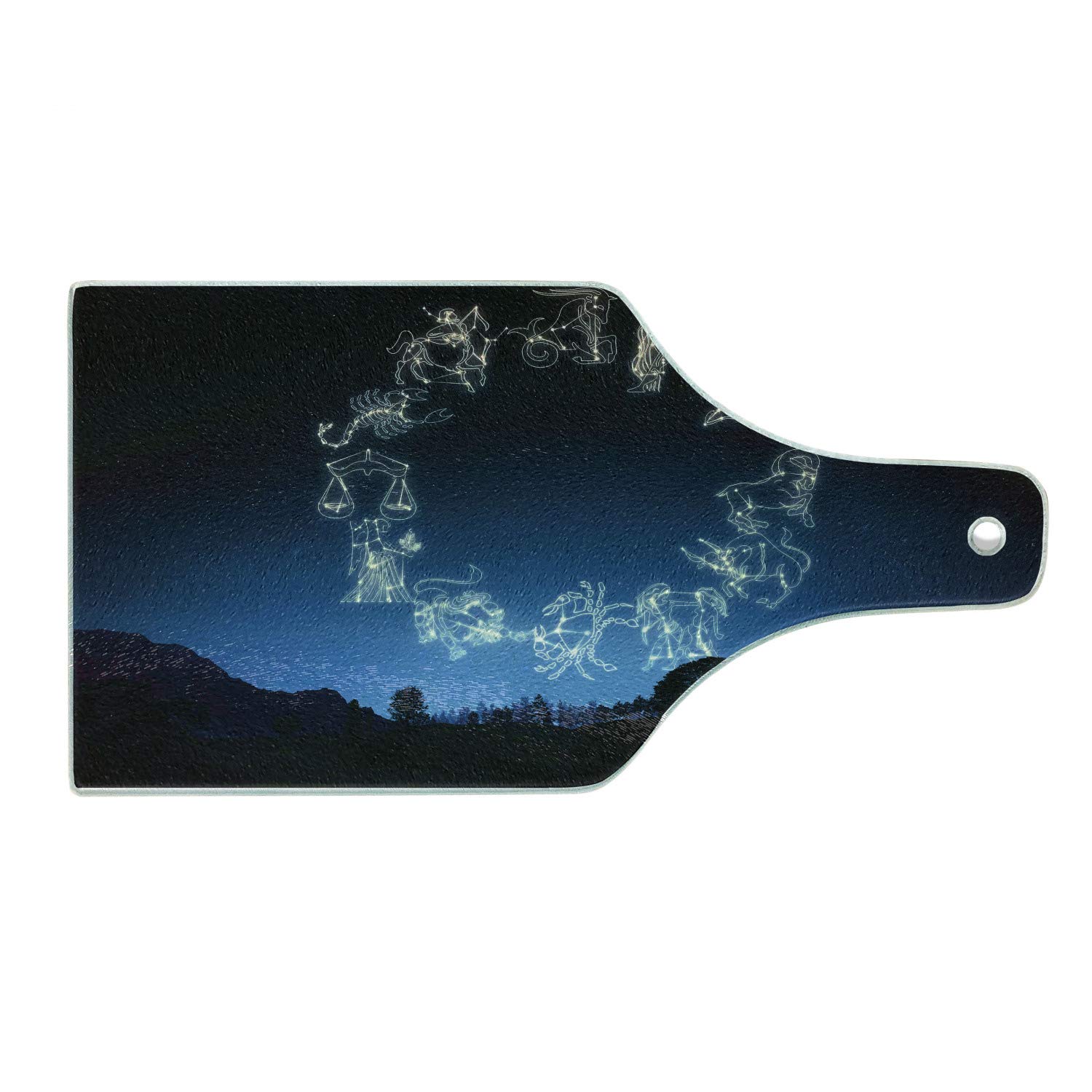 Ambesonne Astrology Cutting Board - Zodiac Sign Design on Tempered Glass, Dark Blue & White Wine Bottle Shape Serving Board for Kitchen & Cheese Platter | Perfect for Home Decor, Dinner Parties & Gift Giving
