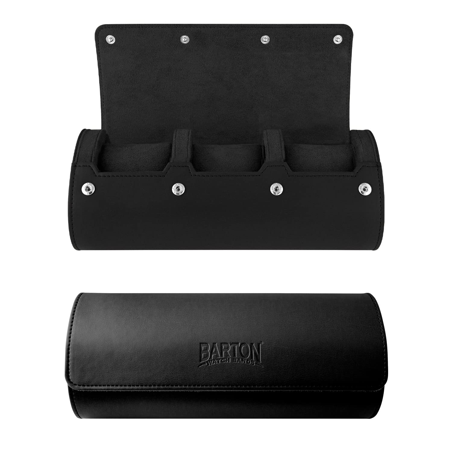 BARTON WATCH BANDS Men's Black Leather Watch Roll Case - Premium 3-Watch Travel Organizer for Storage & Protection | Perfect for Business Trips, Vacations & Home Display | Durable Watch Accessory Collection Case