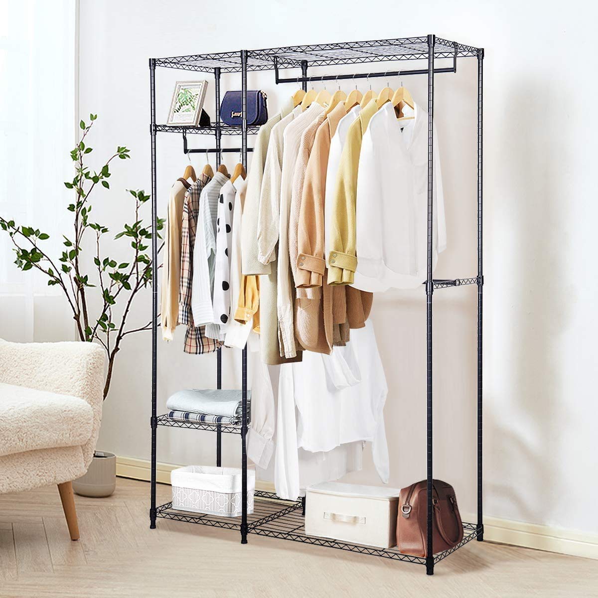 Heavy Duty 4-Tier Garment Rack with 3 Hanging Rods - Freestanding Closet Storage Organizer, Metal Clothes Rack for Bedroom, Laundry Room or Retail Store - Max Load 396.9 lbs, Black - Perfect for Home Organization and Commercial Clothing Display