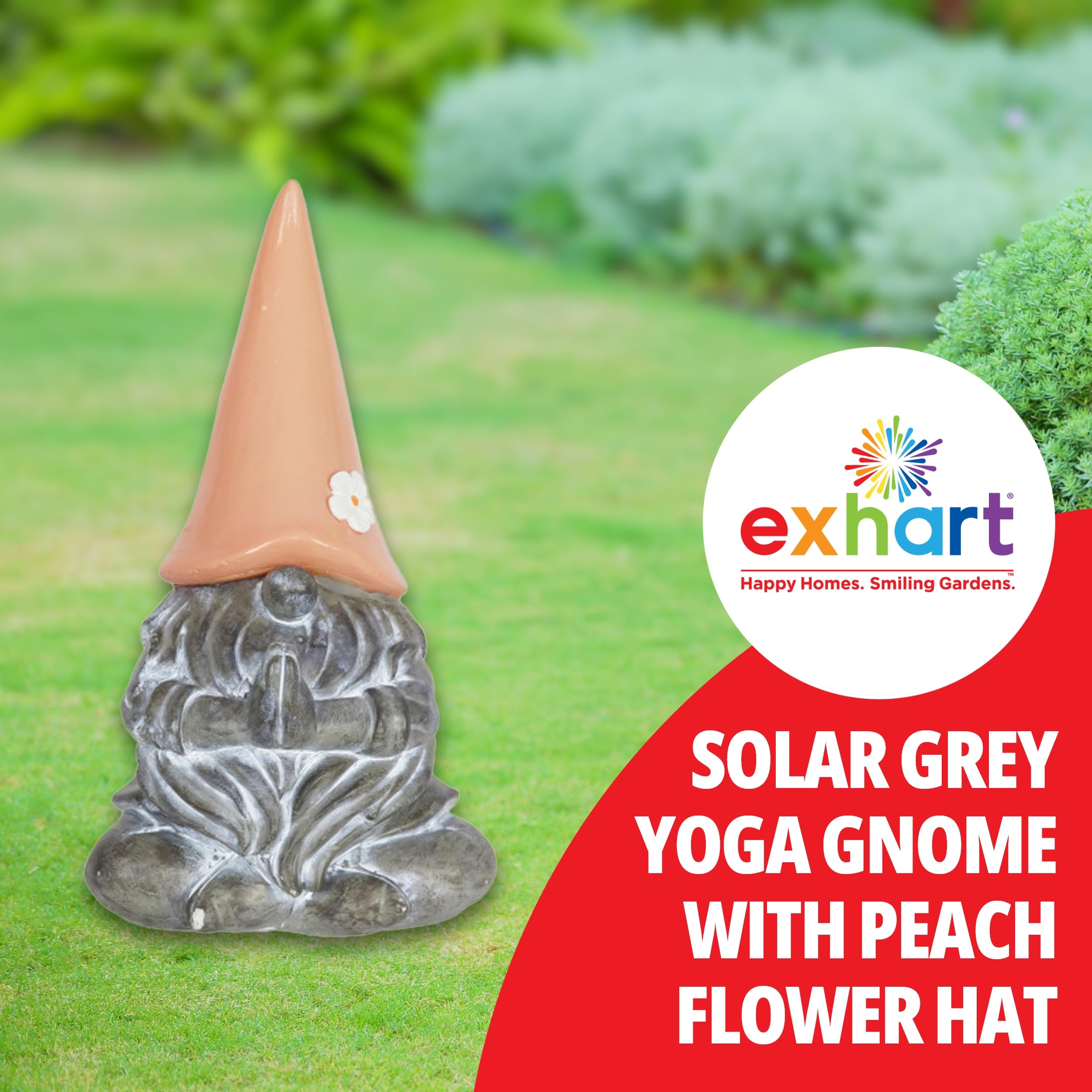 Exhart Solar-Powered Meditating Yoga Garden Gnome Statue with LED Flower Hat – 7 x 11.5 Inch Peach Outdoor Decor for Zen Gardens, Patios & Backyards