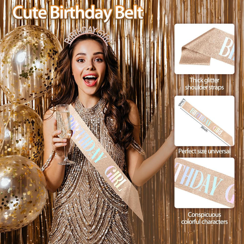 Rose Gold Glitter Birthday Sash & Crown Set for Women - Rhinestone Tiara & Headband - Perfect for Birthday Princess Parties, Bachelorette Celebrations & Special Occasions