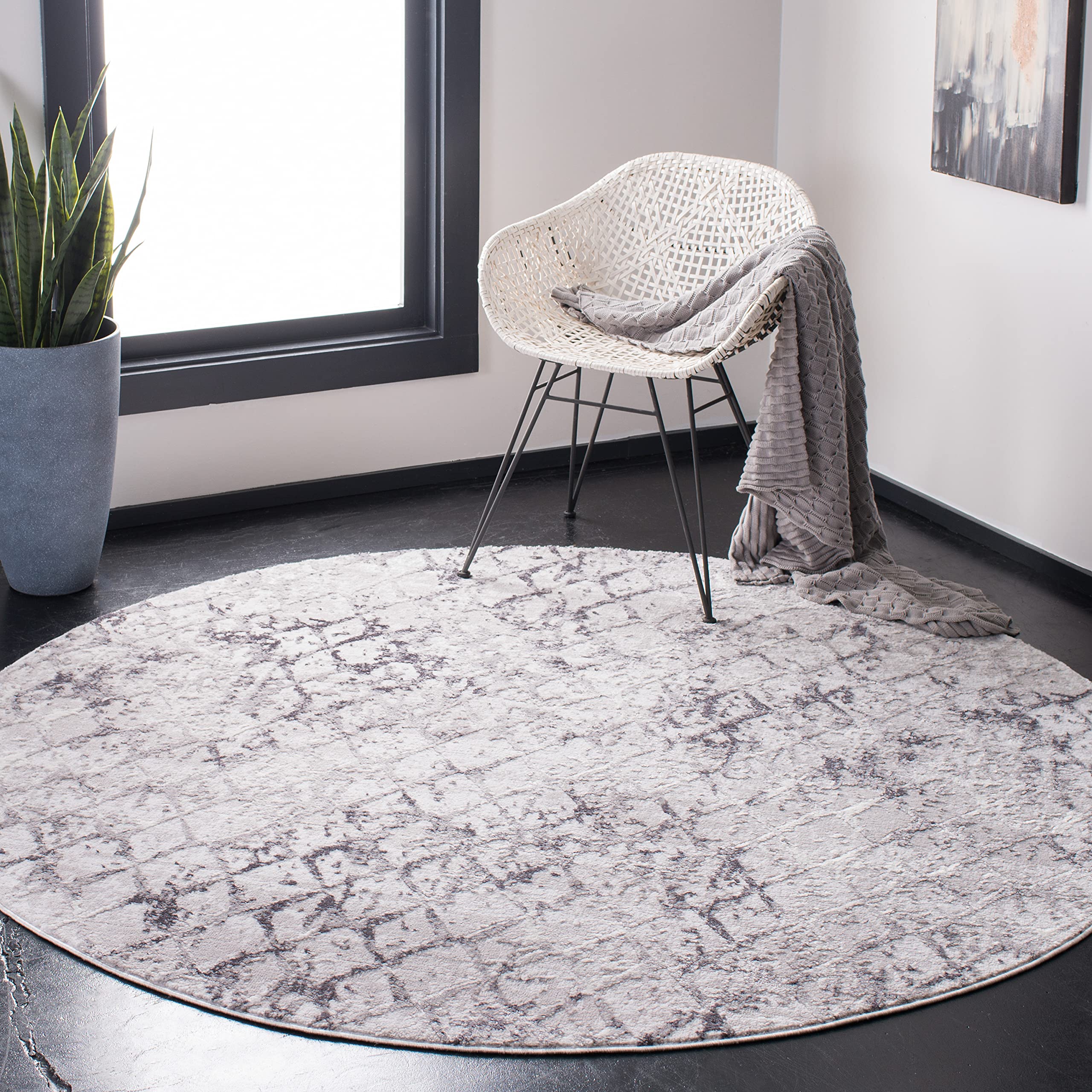 SAFAVIEH Amelia Collection 11' Round Grey/Light Grey ALA783F Modern Trellis Distressed Non-Shedding Area Rug - Perfect for Dining Room, Entryway, Living Room & Bedroom Decor