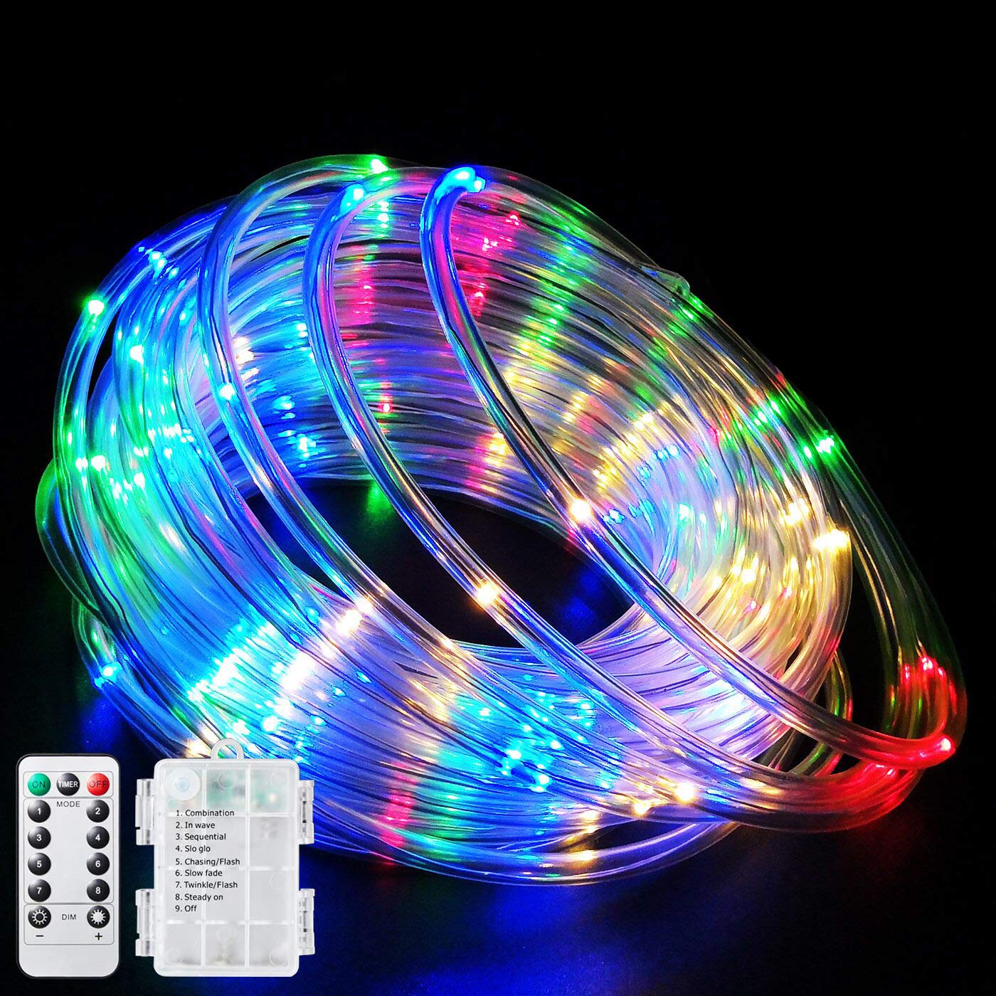Fatpoom 40Ft LED Rope Lights - Battery Operated Waterproof String Lights with 120 LEDs & Remote Control - 8 Lighting Modes, Dimmable & Timer Function - Perfect for Outdoor Camping, Party Decorations, Halloween, Christmas, Garden, Patio & Home Decoration - Multi-Color Fairy Lights