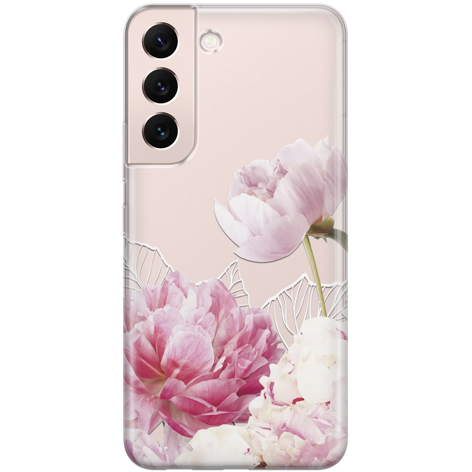 Shockproof Clear Floral Phone Case for Samsung Galaxy S24/S23 Ultra/S22+/S21 FE 5G/S20/Note 20/10 - Pink Peonies Blossom Design, Girly Transparent Bumper Cover | Perfect for Everyday Use, Work, and Special Occasions