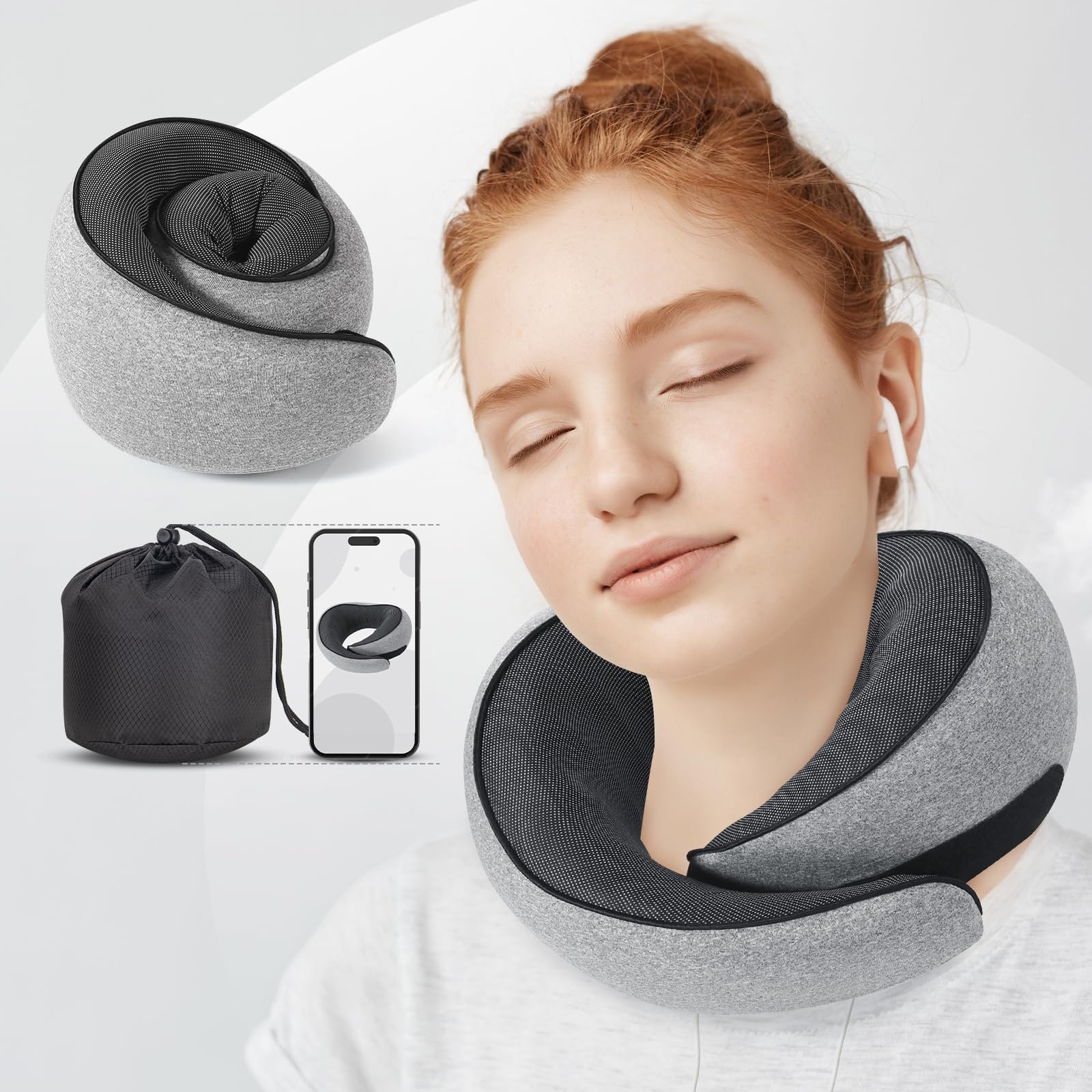 NOCRLG Memory Foam Travel Neck Pillow for Airplanes & Cars - 360° Head Support, Breathable Grey Travel Pillow for Long Flights - Perfect for Business Travel, Road Trips and Overnight Flights