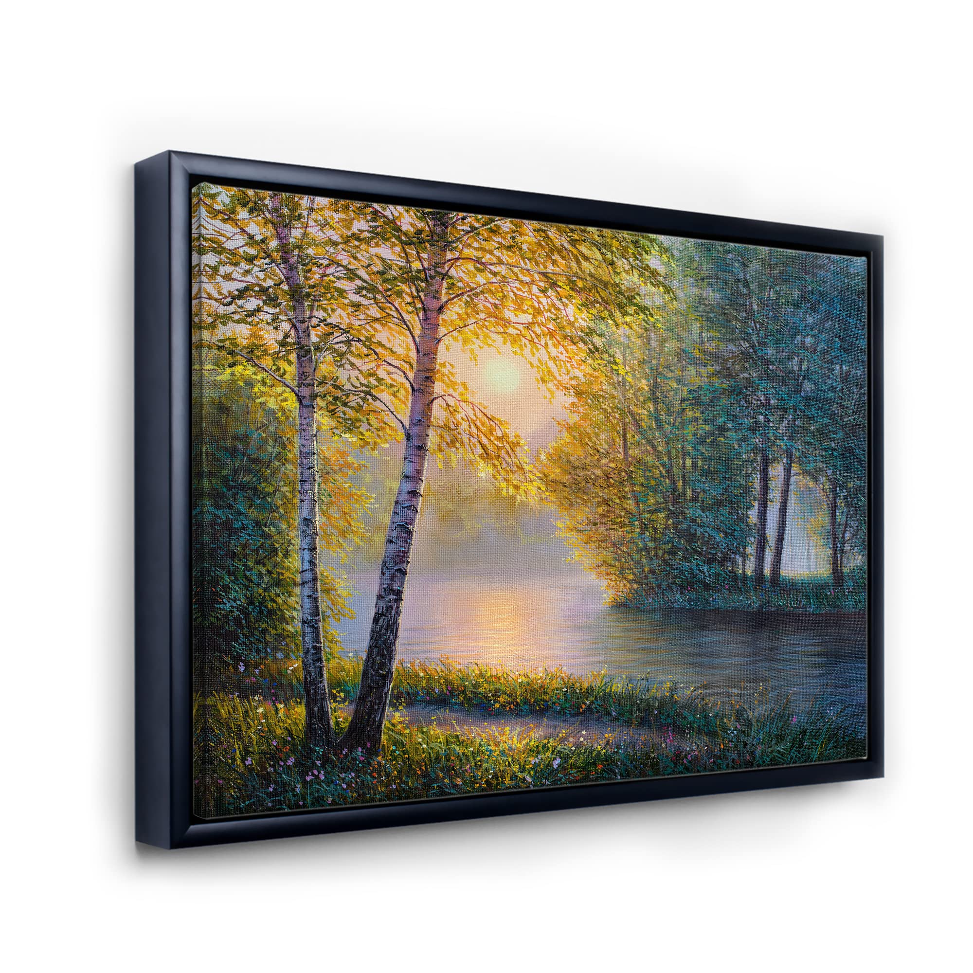 DesignQ Morning Summer Landscape with River, Spring Forest & Lake House - Framed Canvas Wall Art Print for Living Room, Bedroom & Office Decor