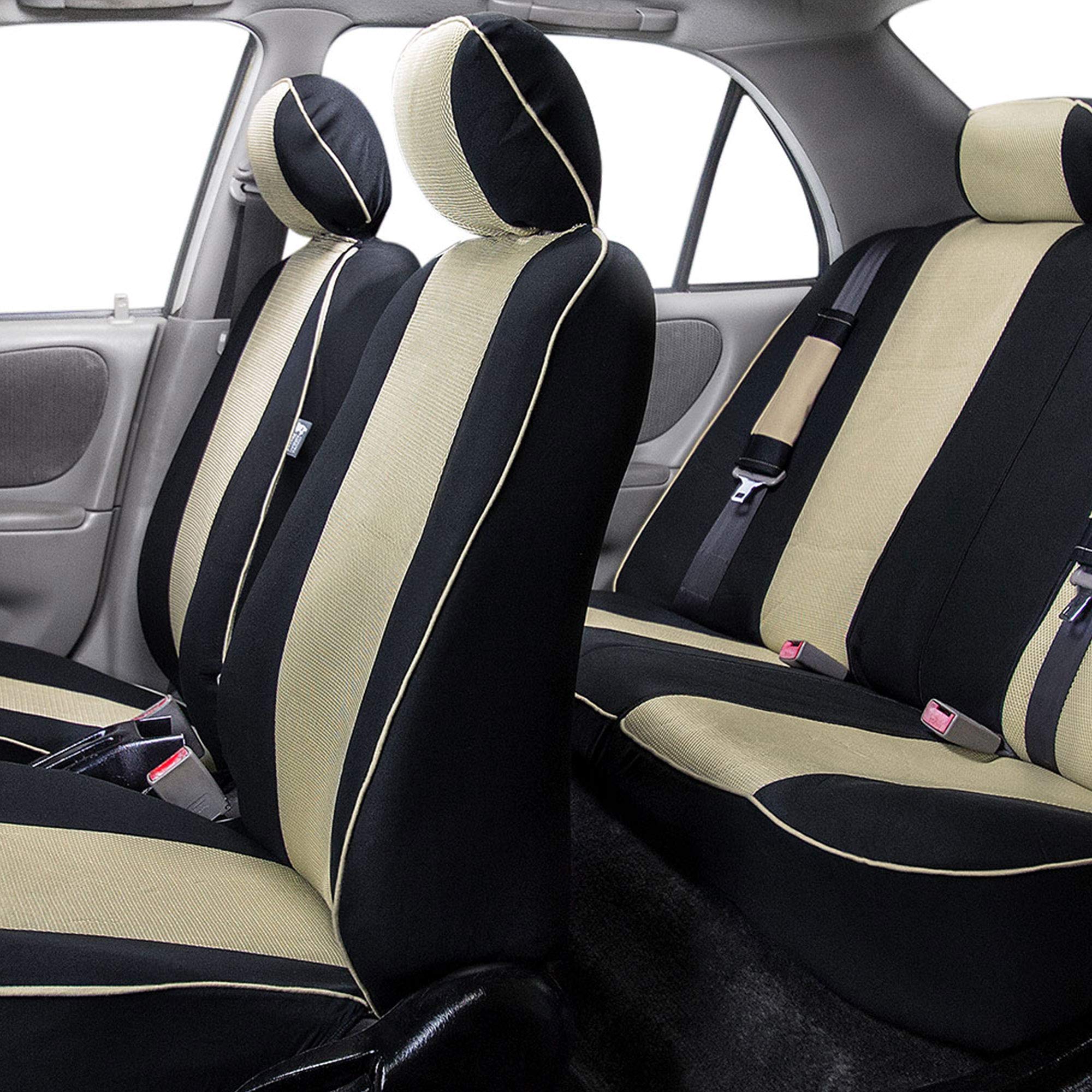 Premium FH Group Universal Car Seat Covers - Full Set Beige Cloth with Edgy Piping | Airbag Compatible & Split Rear Design | Fits Most Cars, Trucks & SUVs | Perfect for Daily Commute, Road Trips & Interior Protection