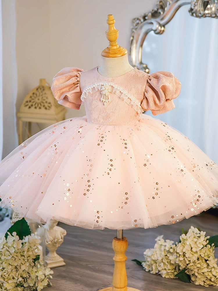 Pink Princess Round Tea Length Satin Flower Girl Dress for Weddings, Flower Girls, and Special Occasions