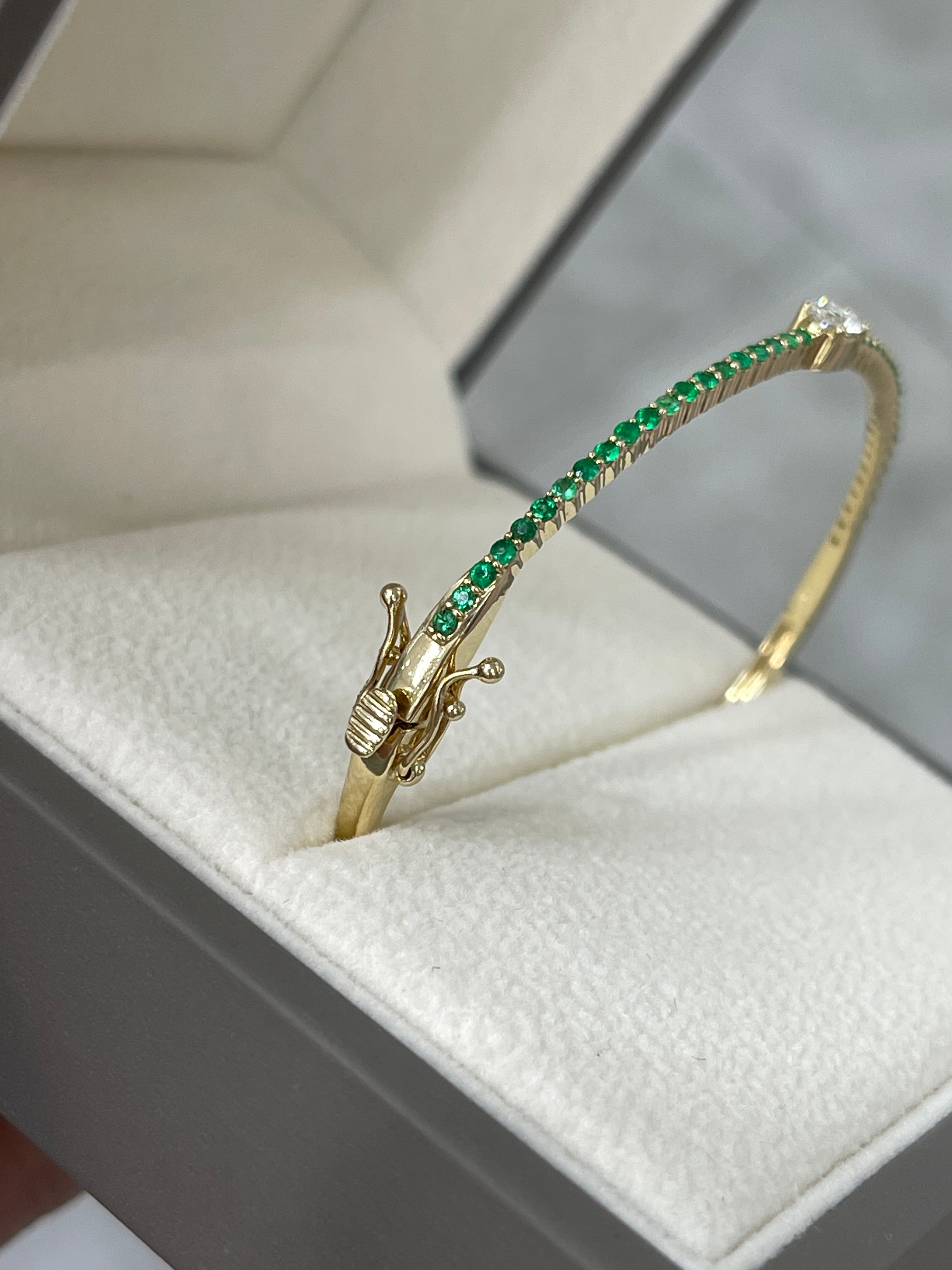 14K Yellow Gold Oval Diamond & Emerald Bangle Bracelet - 5.5 Inch Adjustable Wrist Size for Women | Perfect for Weddings, Anniversaries & Special Occasions
