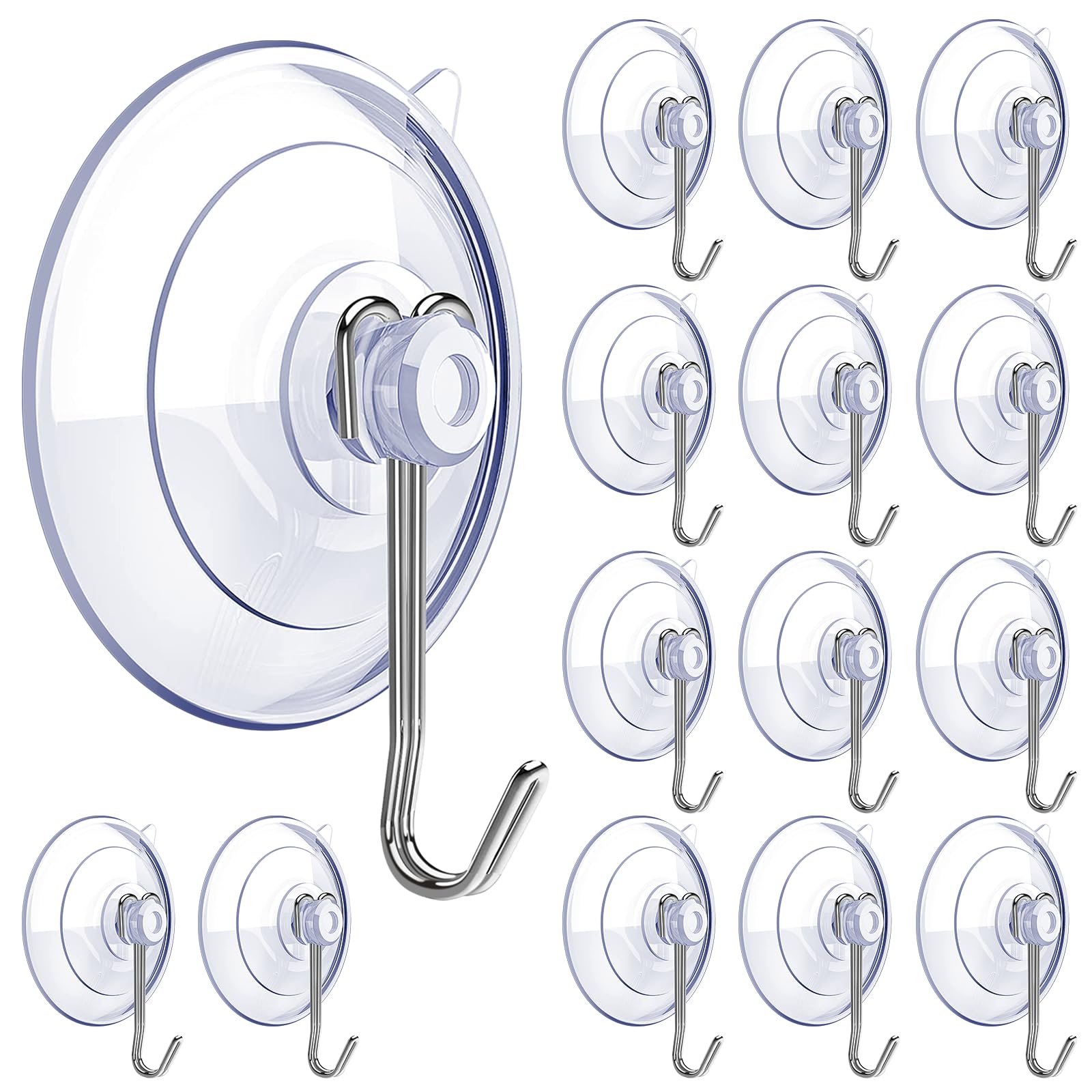 15 Pack Clear Suction Cup Hooks (1.77 Inch) - Reusable PVC Suction Hooks with Removable Stainless Steel Hooks for Glass Windows, Shower, Bathroom Decor - Perfect for Hanging Towels, Plants, and Kitchen Utensils