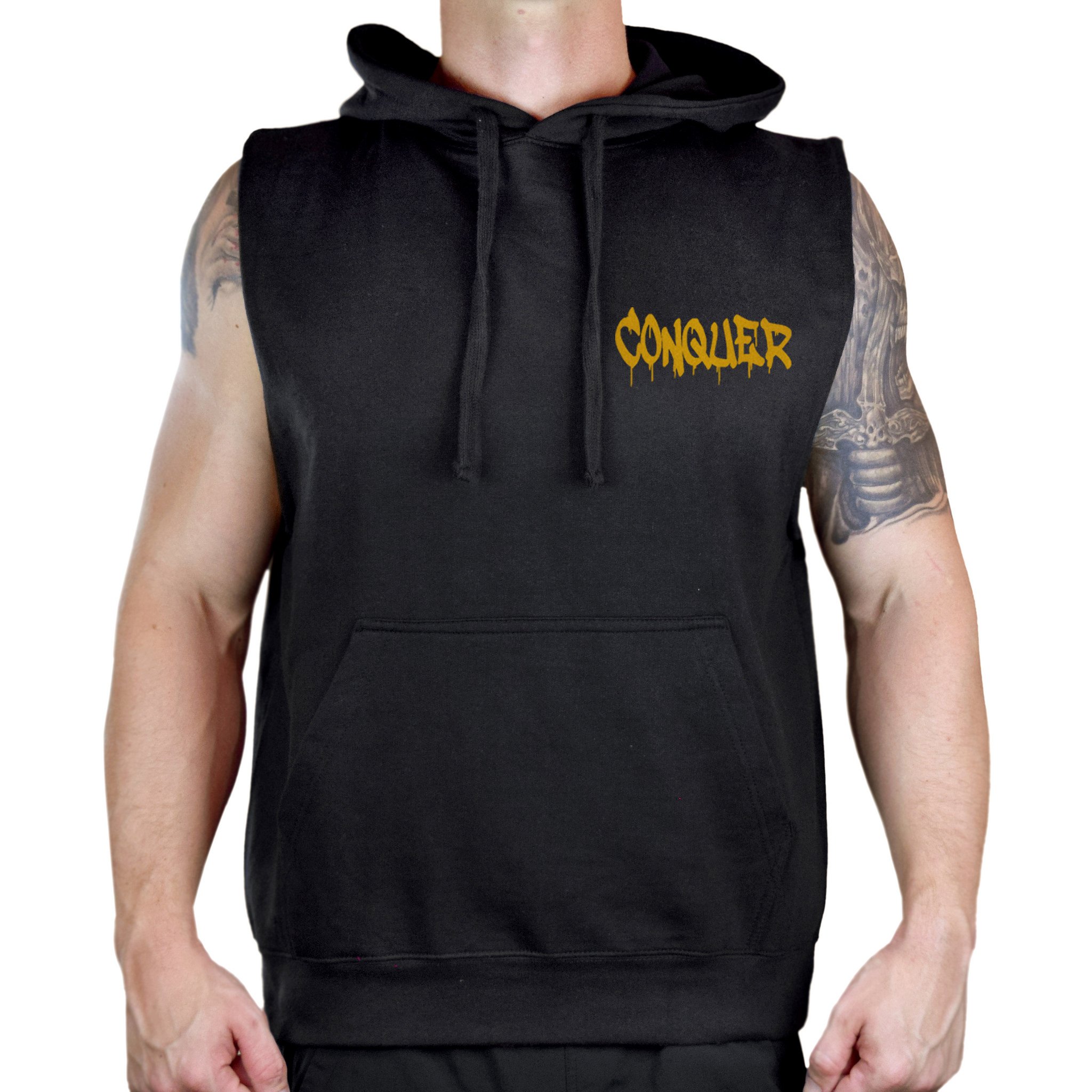 Men's Gold Dripping Conquer Chest V275 Sleeveless Vest Hoodie - Trendy Streetwear for Gym, Hip Hop Fashion & Urban Style