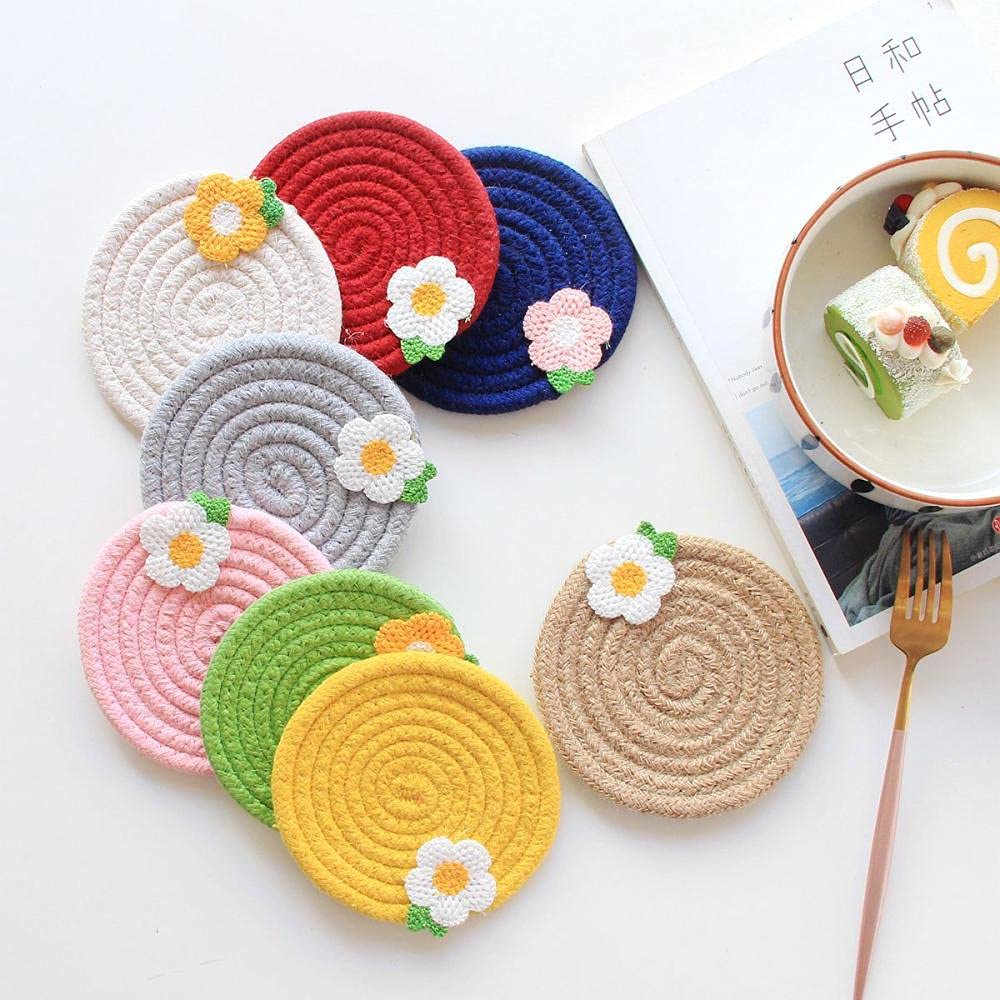 Japanese Insulated Small Flower Cup Coaster - Cotton Woven Bowl Pad for Hot Dishes (18cm, Yellow) | Heat Resistant Kitchen Accessory for Tea Cups, Bowls & Dining Table Decor