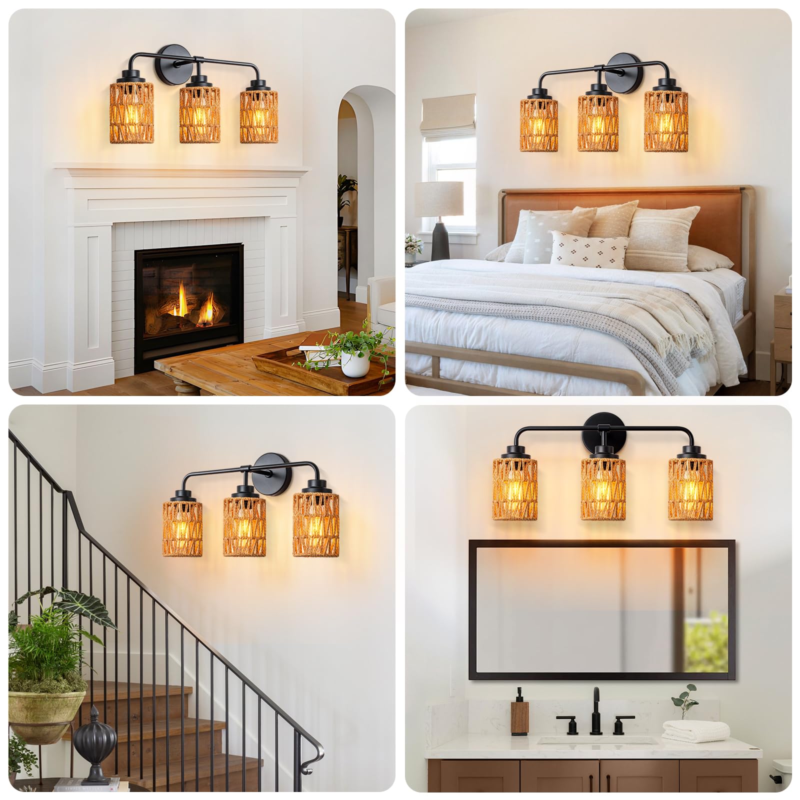 3-Light Rustic Farmhouse Vanity Lighting - Boho Rattan Wall Sconce with Hand Woven Design for Bathroom Mirror, Bedroom & Hallway - Natural Style Wall Mounted Fixture for Home Decor
