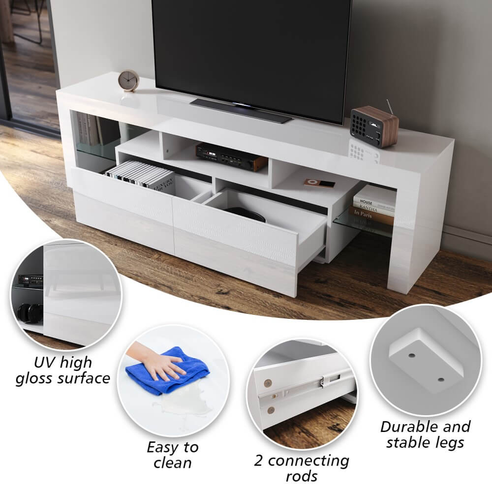 16 Colors 1600mm LED TV Stand with 2 Horizontal Drawers - White Entertainment Storage Unit for Living Room, Bedroom & Home Theater Setup