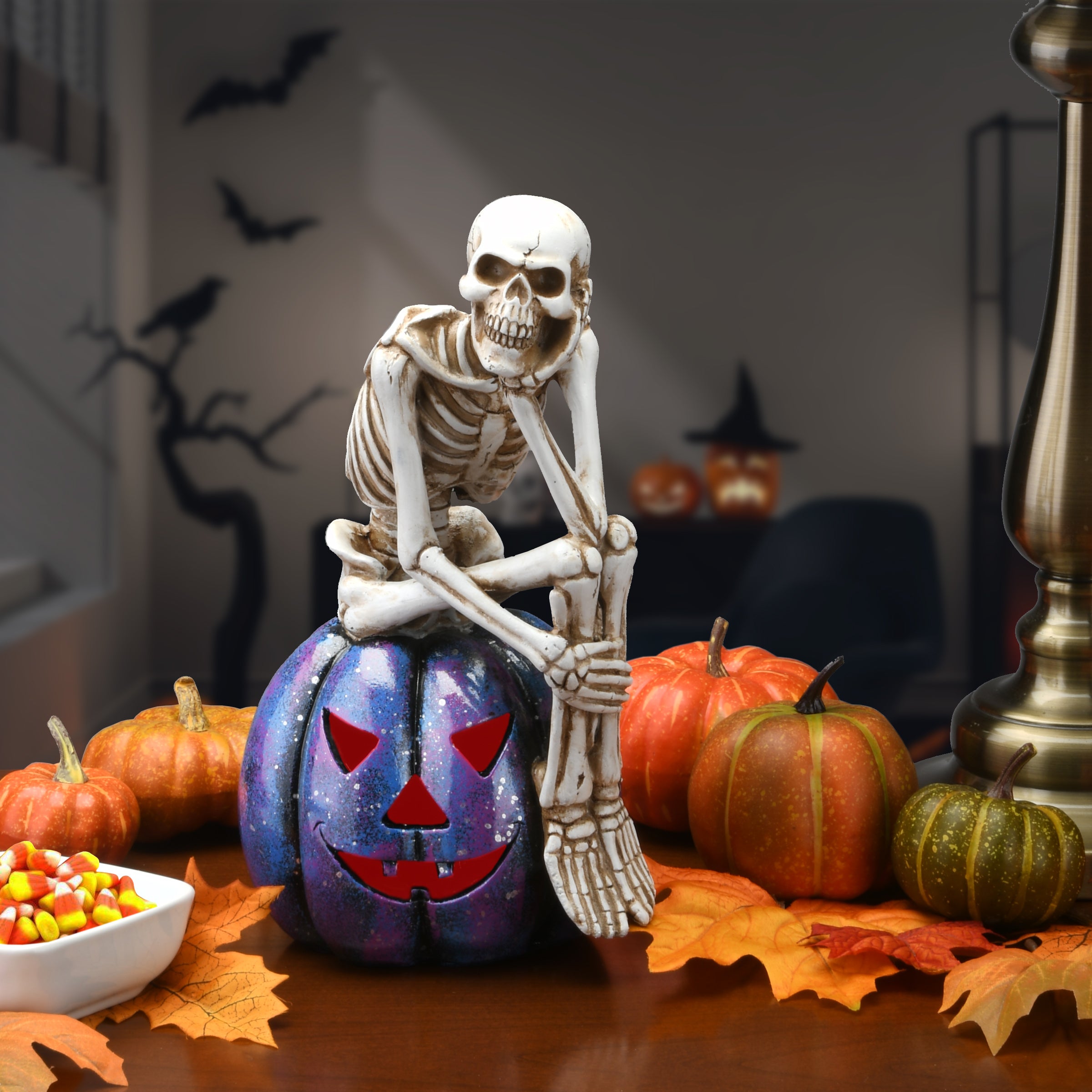 11 Inch Halloween Skeleton Decor Resting on Purple Galaxy Jack O'Lantern - Spooky Home Decor for Halloween Party & Outdoor Yard Display