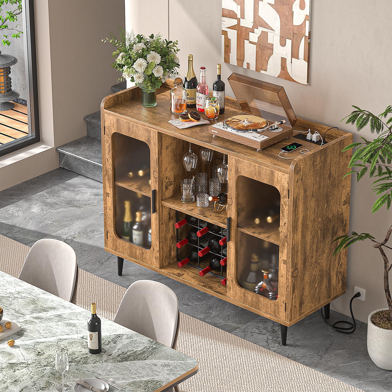 Rustic Brown Wine Bar Cabinet with Power Outlet & LED Lighting - Home Bar Cabinet with Glass Holder & Storage Shelf, Coffee Bar Sideboard for Kitchen, Dining Room - Perfect for Entertaining, Home Decor & Small Space Storage