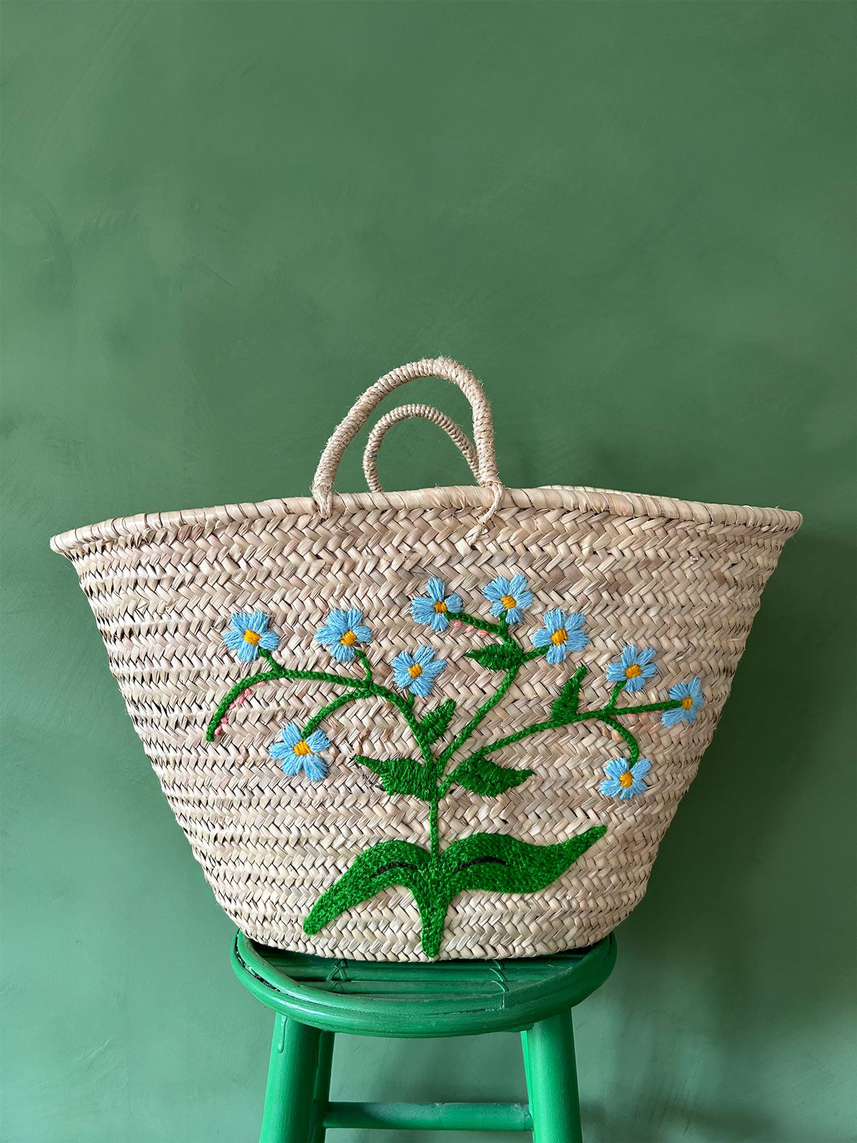 Hand Embroidered Market Basket with Forget-Me-Not Flowers - Eco-Friendly Cotton Tote for Grocery Shopping, Picnics & Farmers Market (Blue Floral Design)