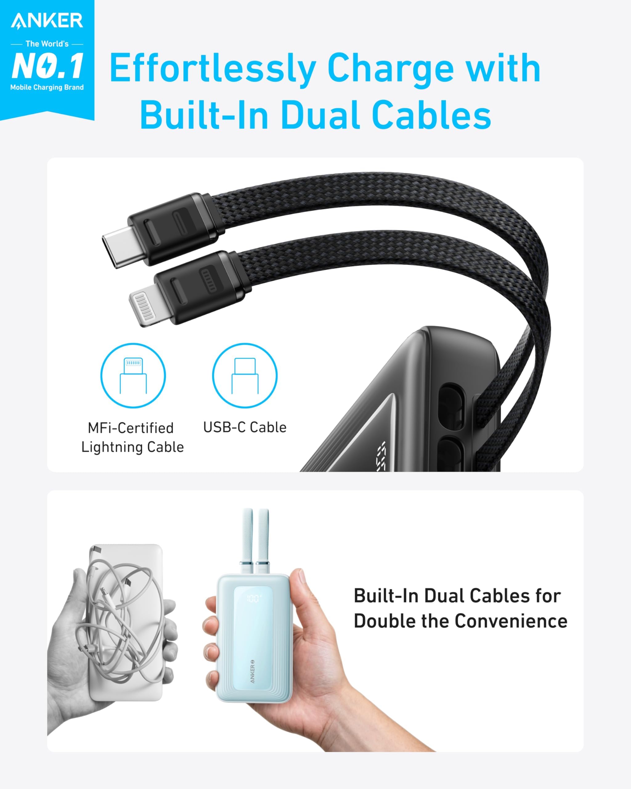 Anker Zolo 20,000mAh 30W Fast Charging Power Bank with Built-in USB-C & MFi Lightning Cables - Portable Charger for iPhone 16/15, MacBook, Galaxy S24/S23 - Perfect for Travel, Camping & Emergency Power Backup (Black)