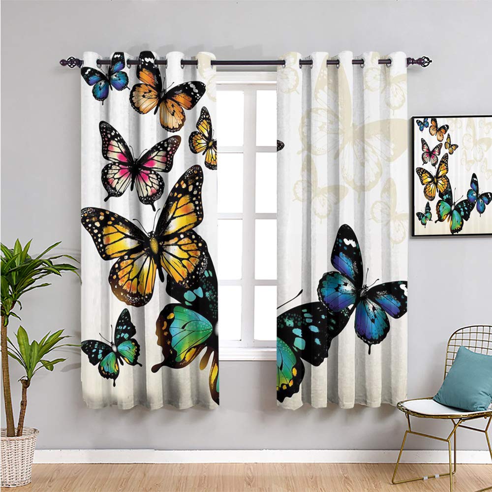 Monarch Butterfly Blackout Curtains 72x72 Inch - Ombre Blue Pink Green Yellow Window Shades for Bedroom & Living Room | Light Blocking, Thermal Insulated, Noise Reducing Home Decor