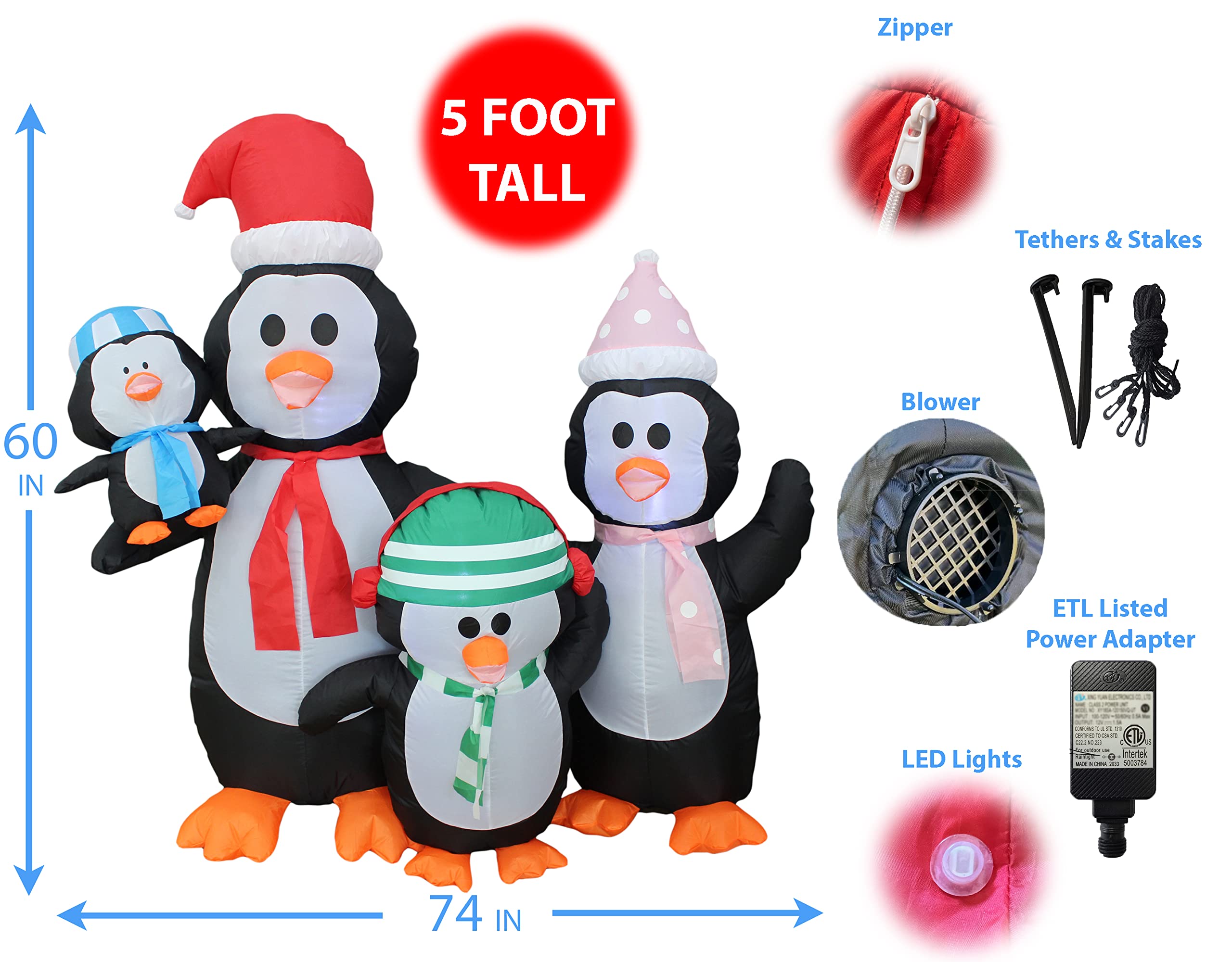 5ft & 6ft Christmas Inflatable Penguins Decorations Set - Family Penguin & Fishing Penguin on Polar Bear Outdoor Yard Decor for Xmas Party, Holiday Home Decoration, Winter Festival Celebration