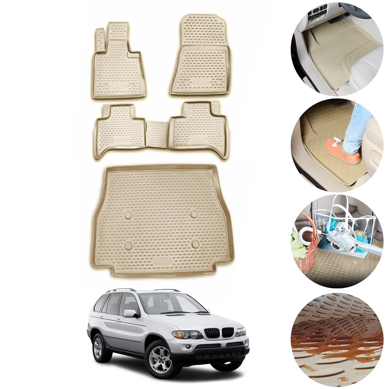 Premium 3D TPE Rubber All-Weather Floor Mats & Cargo Liner for BMW X5 (2000-2006) - 5-Piece Heavy Duty Car SUV Accessories Set - Perfect for Daily Commutes, Road Trips and Outdoor Adventures