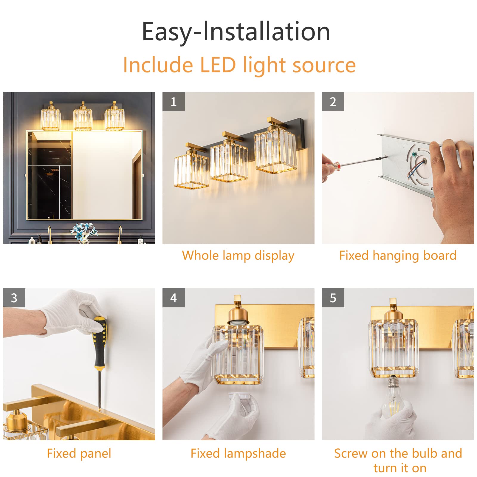 Modern Black Gold Crystal Bathroom Vanity Light - 3-Lights Wall Sconce Fixture for Elegant Powder Room & Master Bathroom Lighting