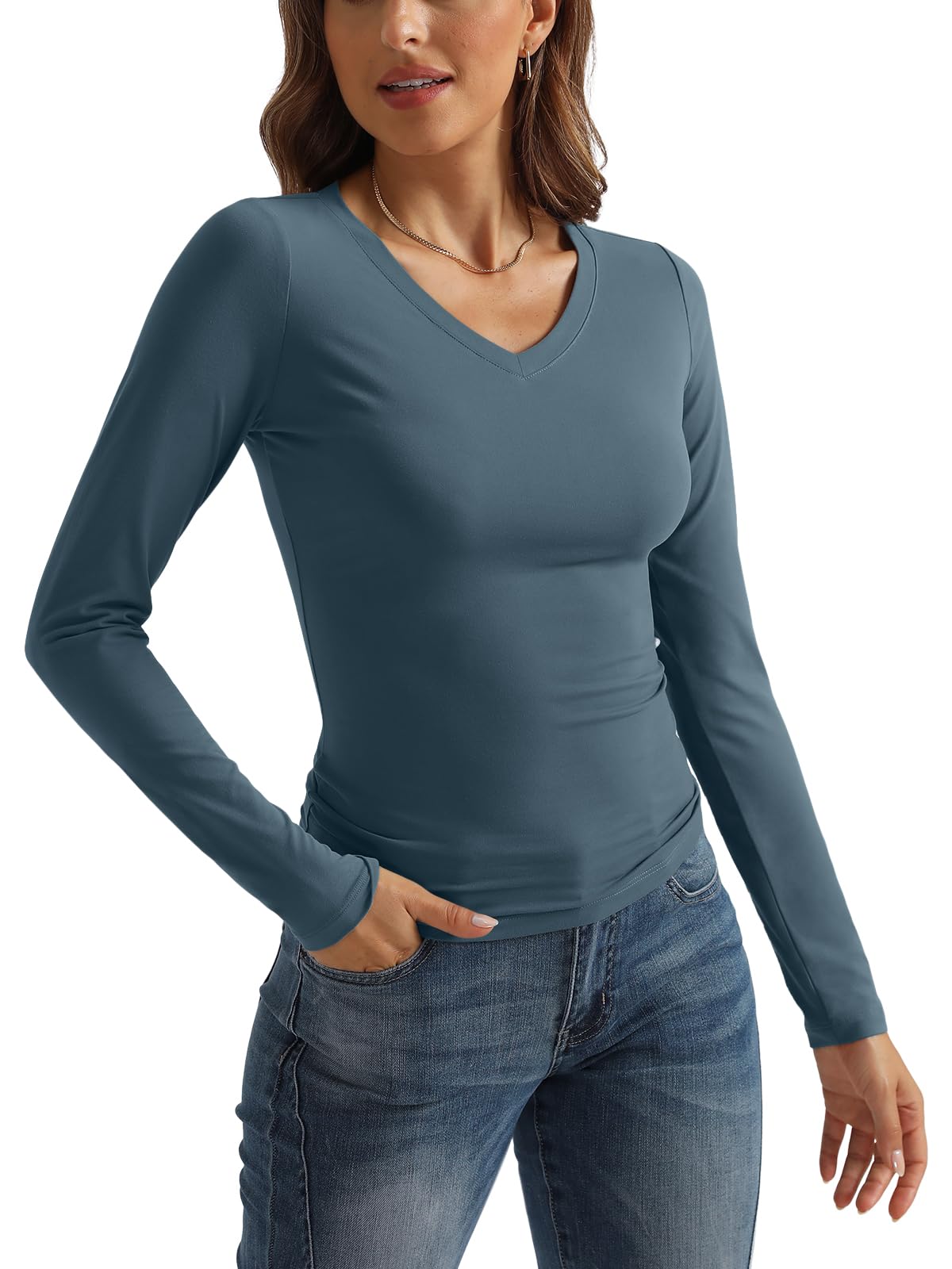 SUNBS Women's 3 Pack Long Sleeve V-Neck Slim Fit Layering Tops - Casual Crop Shirts for Fall 2025 Fashion | Perfect for Layering, Office Wear & Everyday Outfits