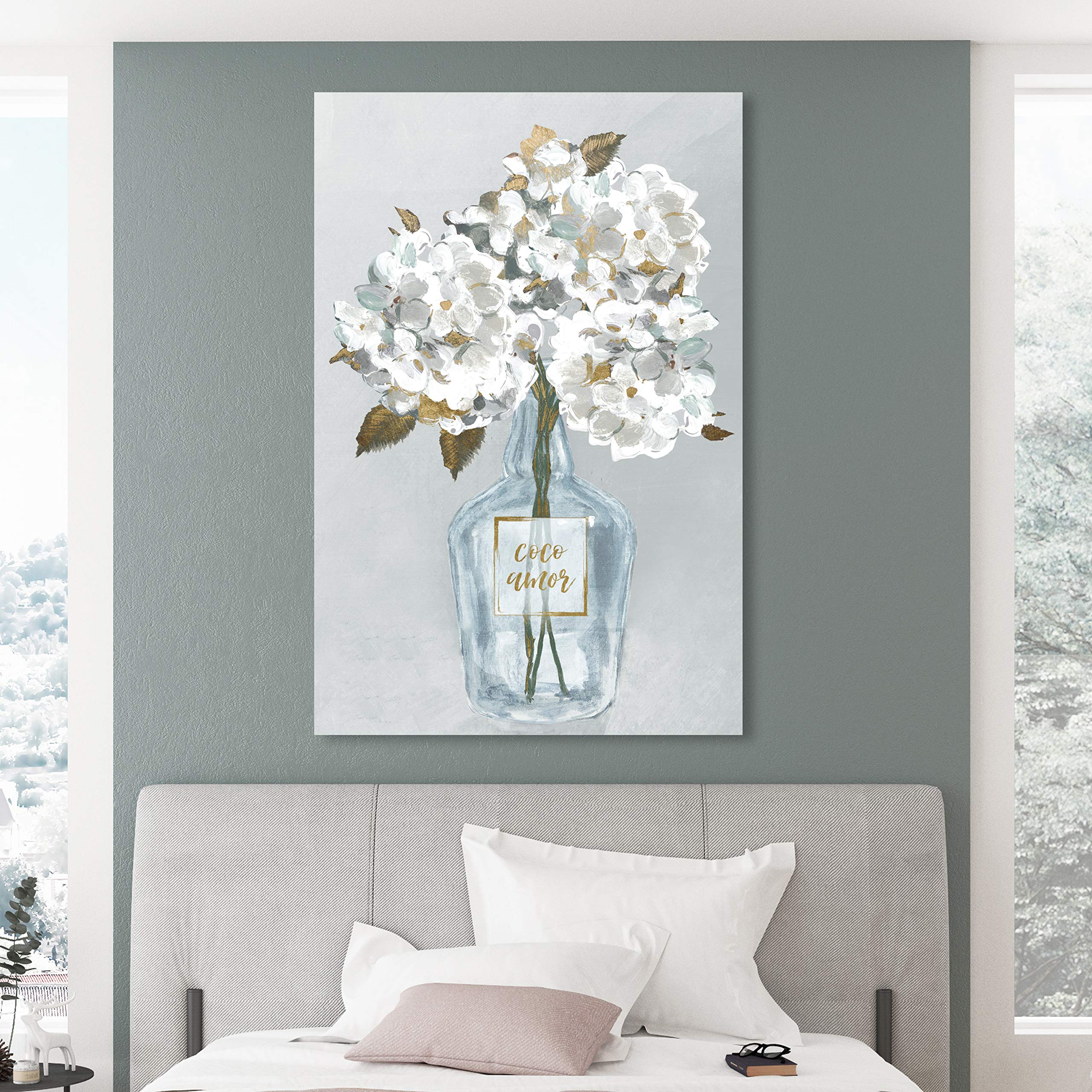 Oliver Gal Artist Co. Floral Wall Art Canvas Print 'Coco Amor Bouquet' - 30x45 Inch White & Gold Framed Home Decor - Perfect for Living Room, Bedroom & Office Wall Decoration