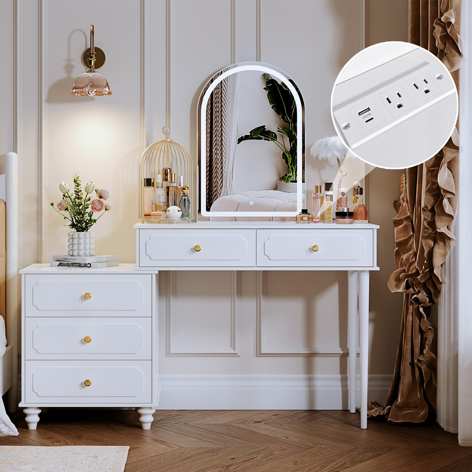 YYJ Vanity Desk with Mirror & LED Lights, Modern Makeup Table with Power Outlet, Adjustable Storage Cabinet & 3 Drawers - White Writing Desk for Bedroom, Dressing Room or Home Office