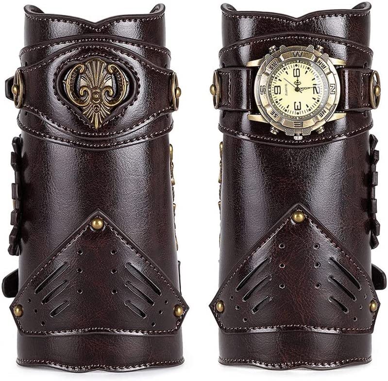 Steampunk Medieval Leather Arm Guard Bracer for Men - Vintage Cosplay Gauntlet with Metal Watch Decoration | Perfect for Renaissance Fairs, LARP Events & Gothic Fashion Accessories