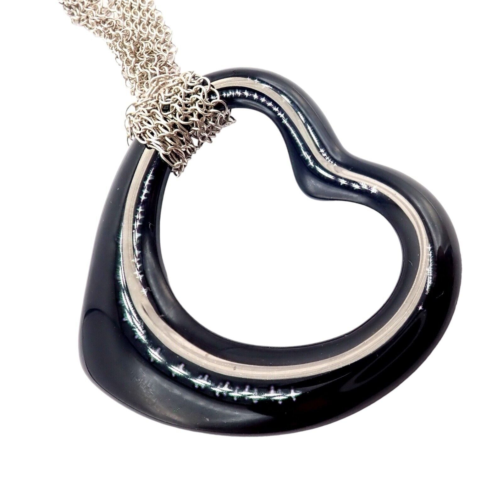 Tiffany & Co Sterling Silver Peretti 35mm Large Open Onyx Heart Pendant Necklace - 28