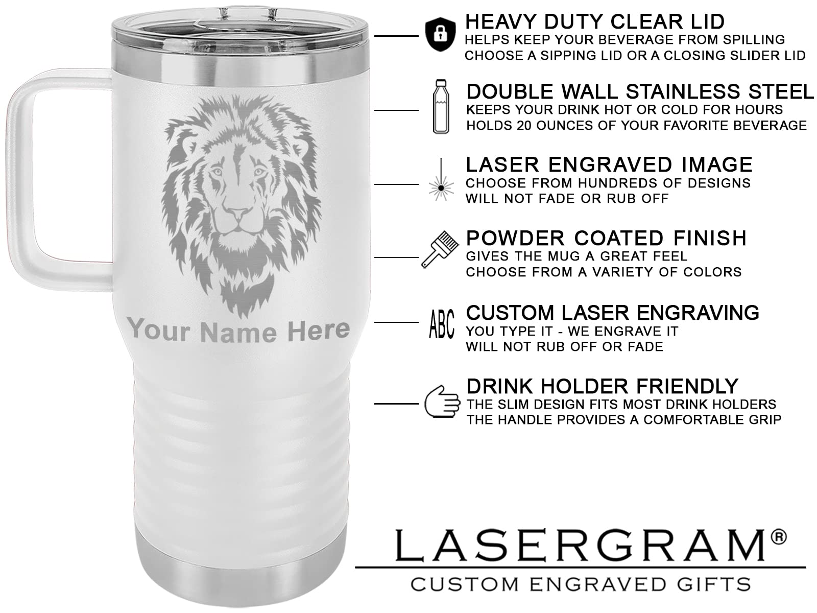 LaserGram 20oz Vacuum Insulated Stainless Steel Travel Mug with Handle - Personalized Horse & Cowgirl Engraving - White - Perfect for Coffee, Tea & Hot/Cold Drinks on the Go, Office, Camping & Road Trips