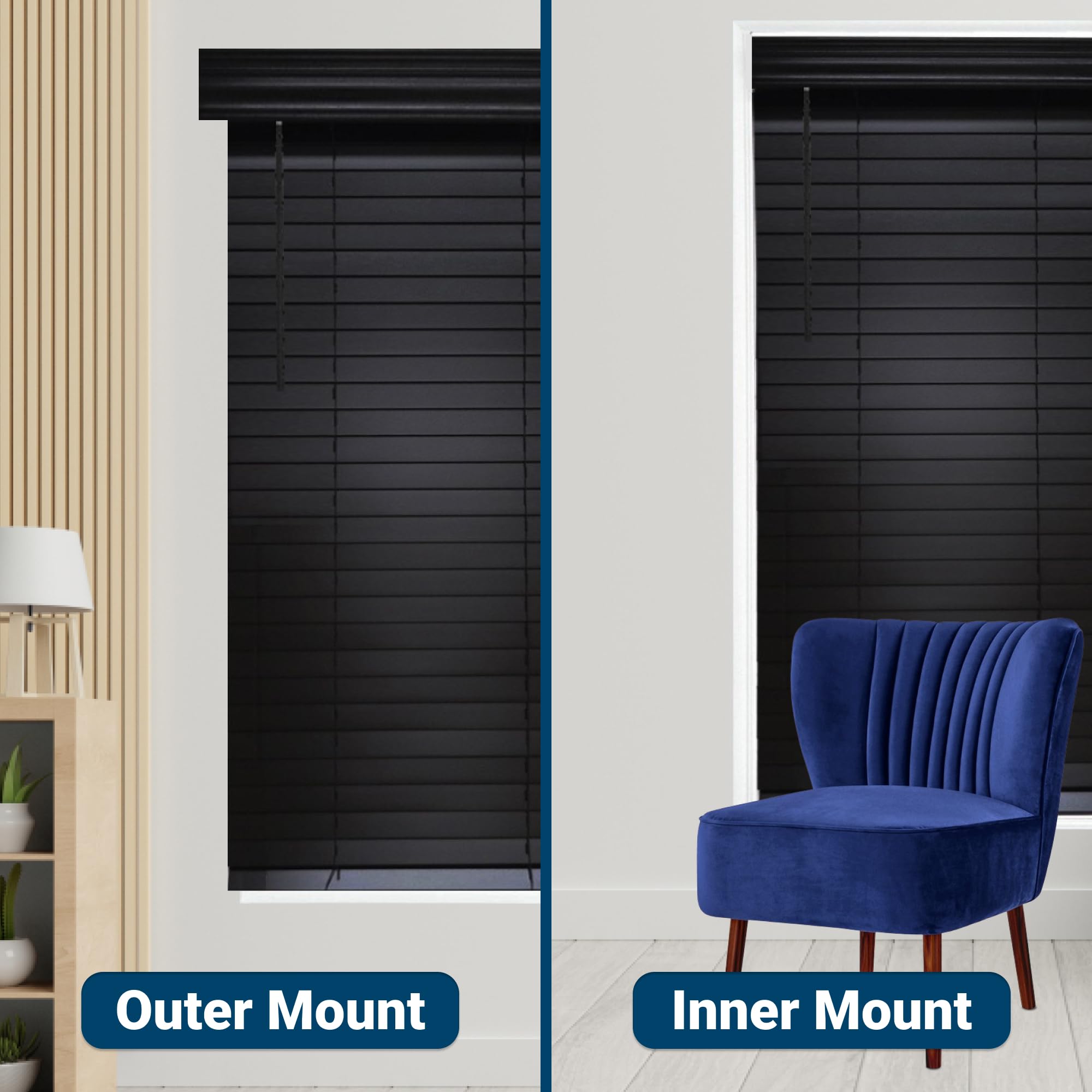 Customizable 2 Inch Wood Horizontal Cordless Window Blinds - Black - Inside/Outside Mount - Perfect for Living Room, Bedroom & Home Office