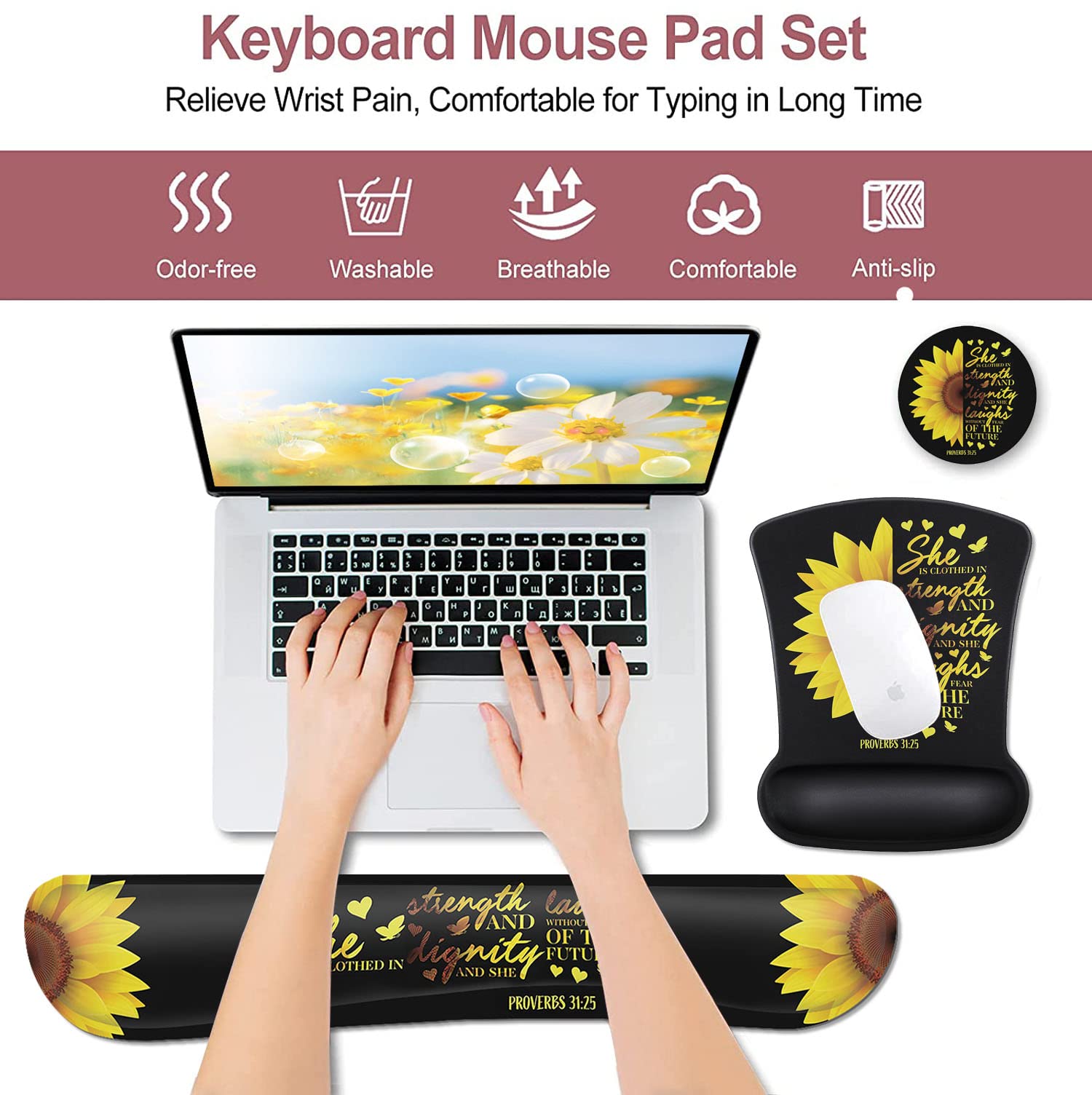 Ergonomic Memory Foam Mouse Pad & Keyboard Wrist Rest Set - Comfortable Support for Office, Home, Gaming & Laptop Use - Sunflower Christian Bible Verse Design (Black) - Perfect for Long Work Hours & PC Gaming Sessions