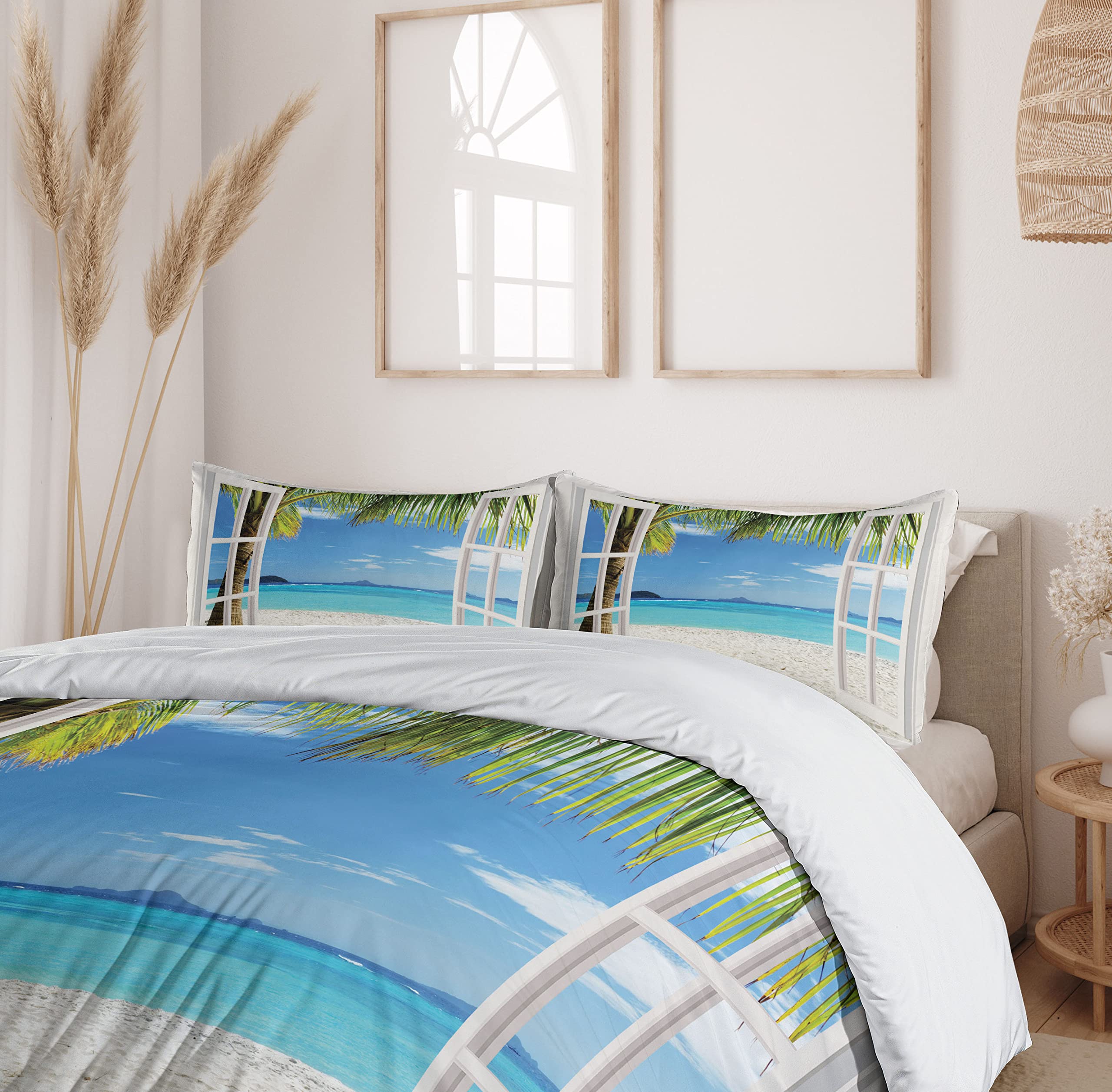 Ambesonne Turquoise Duvet Cover Set - Tropical Palm Trees Island Ocean Beach View Through White Wooden Windows - 3 Piece King Size Bedding Set with 2 Pillow Shams in White Green Blue - Perfect for Beach House Decor, Tropical Bedroom Theme & Coastal Home Styling