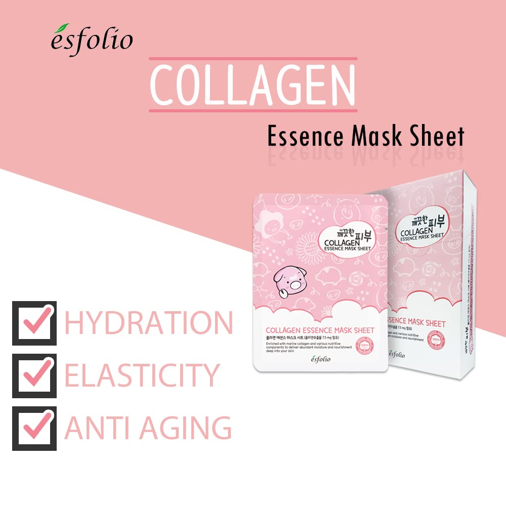 Esfolio Collagen Essence Sheet Mask Pack of 10 - Hydrating & Firming Korean Face Mask with Hydrolyzed Collagen & Hyaluronic Acid - Anti-Aging Skincare for Glowing Skin - Perfect for Daily Moisturizing, Spa Night & Travel Skincare Routine