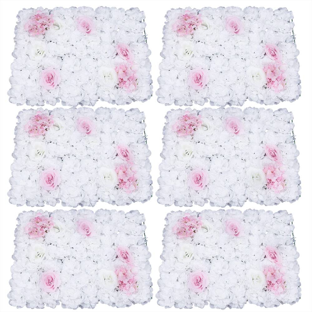 6 Pcs Artificial Silk Hydrangea & Rose Wall Decor - DIY Faux Flower Panel for Wedding Backdrop, Nursery, Baby Girl Room, Home Decoration - 16x2 Inches (White) | Perfect for Romantic Parties, Bridal Showers & Nursery Wall Accents