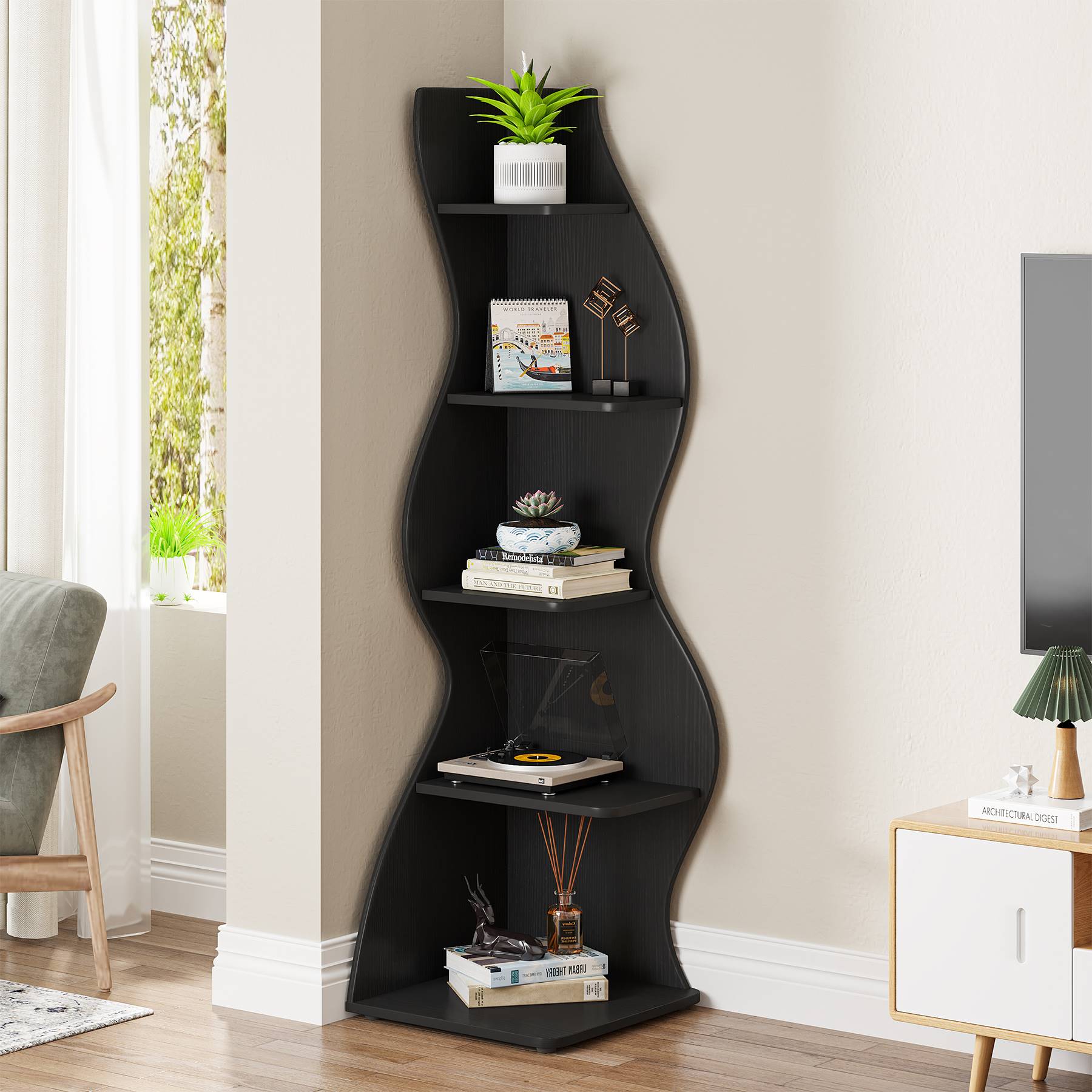 5 Tier Corner Shelf - Modern Wall Mounted Corner Bookshelf for Living Room, Bedroom, Office | Space Saving Storage Solution for Books, Plants & Decor