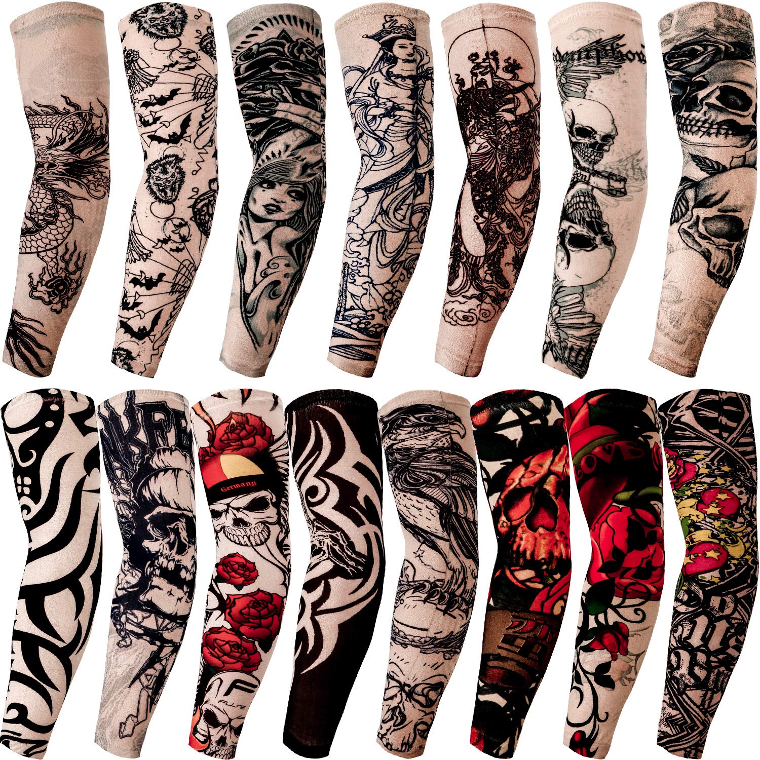 15Pcs Arm Fake Tattoo Sleeves for Men & Women - Unisex Tribal Totem Skull Flower Tattoo Arm Covers | UV Protection, Stretchable Nylon Material | Perfect for Parties, Cycling, Basketball & Outdoor Activities