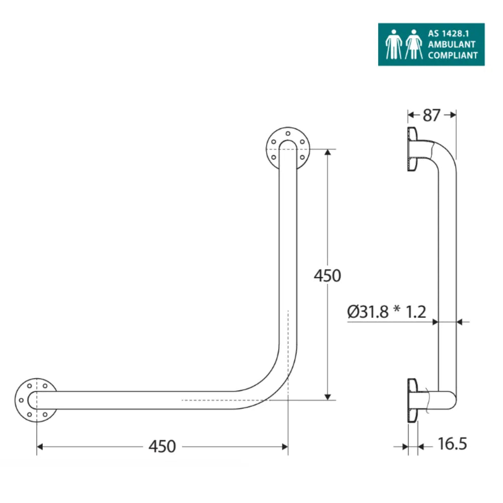 Fienza Care GRAB4545 90 Degree Stainless Steel Grab Rail 450x450mm - Bathroom Safety Handle for Elderly & Disabled, ADA Compliant Shower & Toilet Support Bar