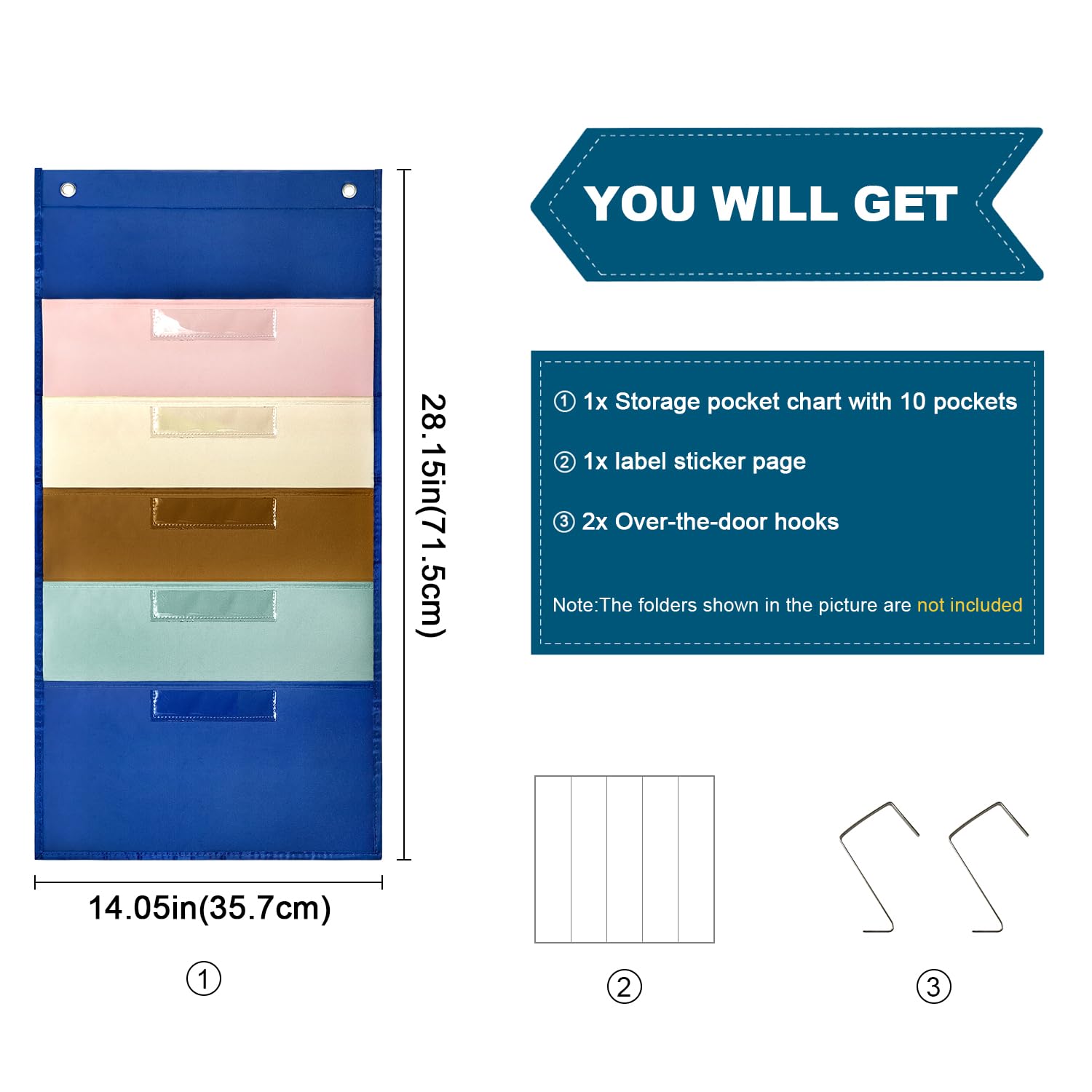 Over the Door Hanging File Organizer with 5 Label Pockets - Wall Mount Teacher & Office Paper Organizer for Classroom, Home, or Work - Perfect for Assignments, Documents, and File Storage