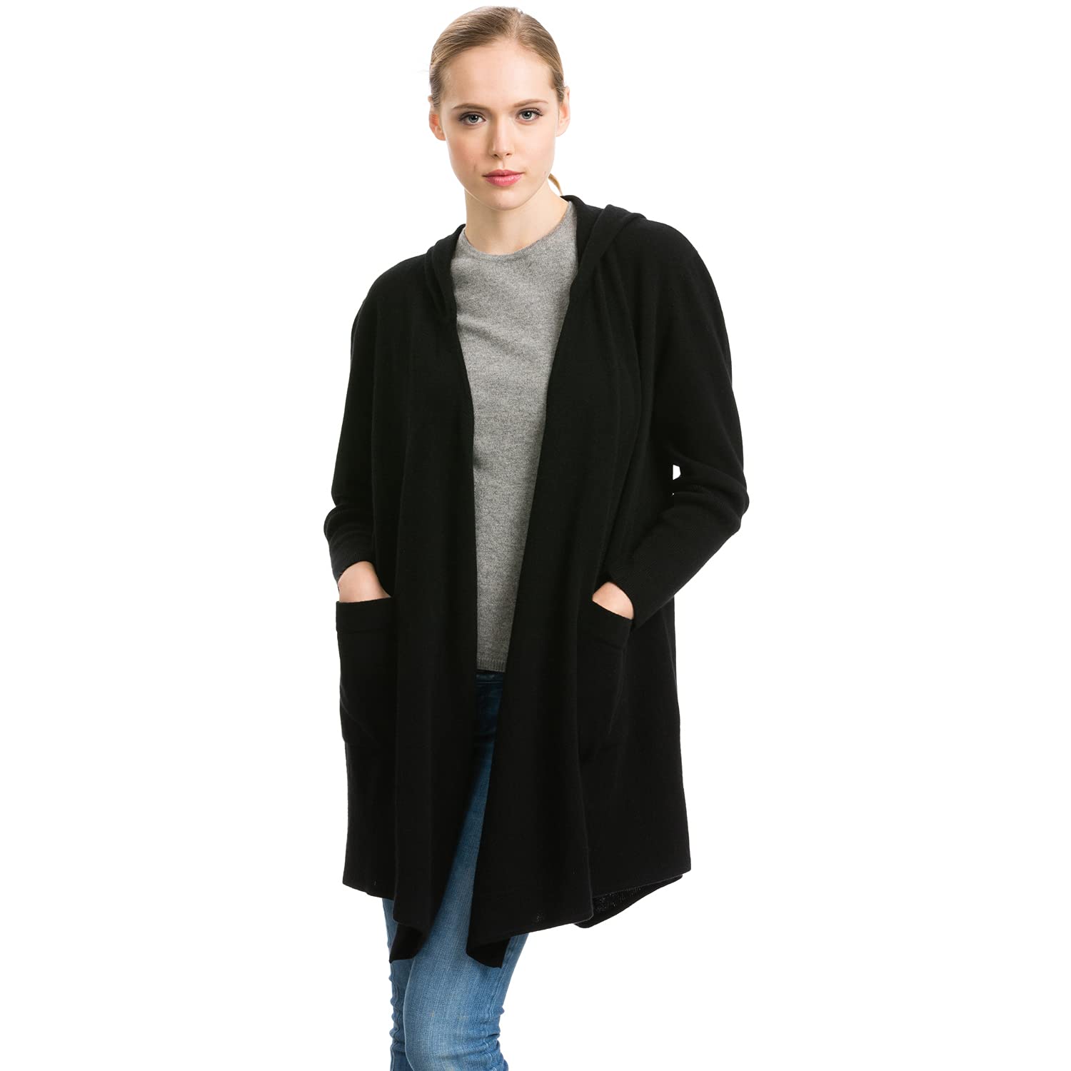 Women's 100% Cashmere Hooded Open Front Long Cardigan with Side Pockets - Soft Mid-Length Wrap Sweater for Lounge, Office & Fall Layering