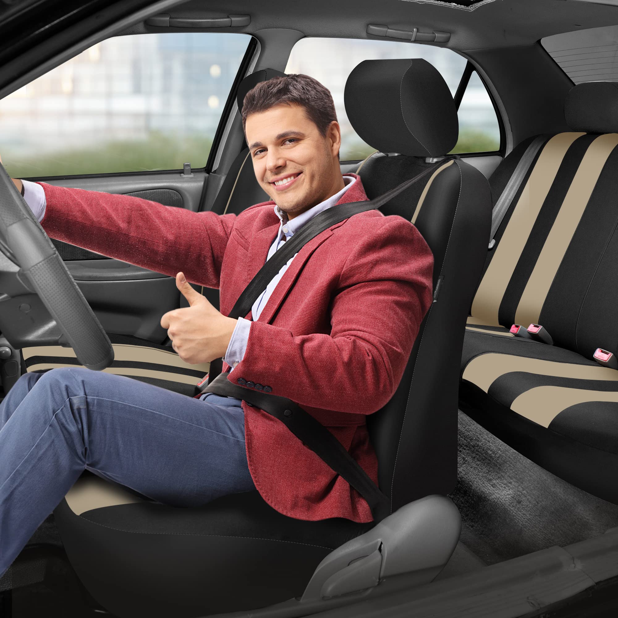 Premium FH Group Car Seat Covers - Airbag Compatible Front Pair Set, Beige & Black Striped Design | Universal Fit for Cars, Trucks & SUVs | Perfect for Daily Commute, Road Trips & Interior Protection