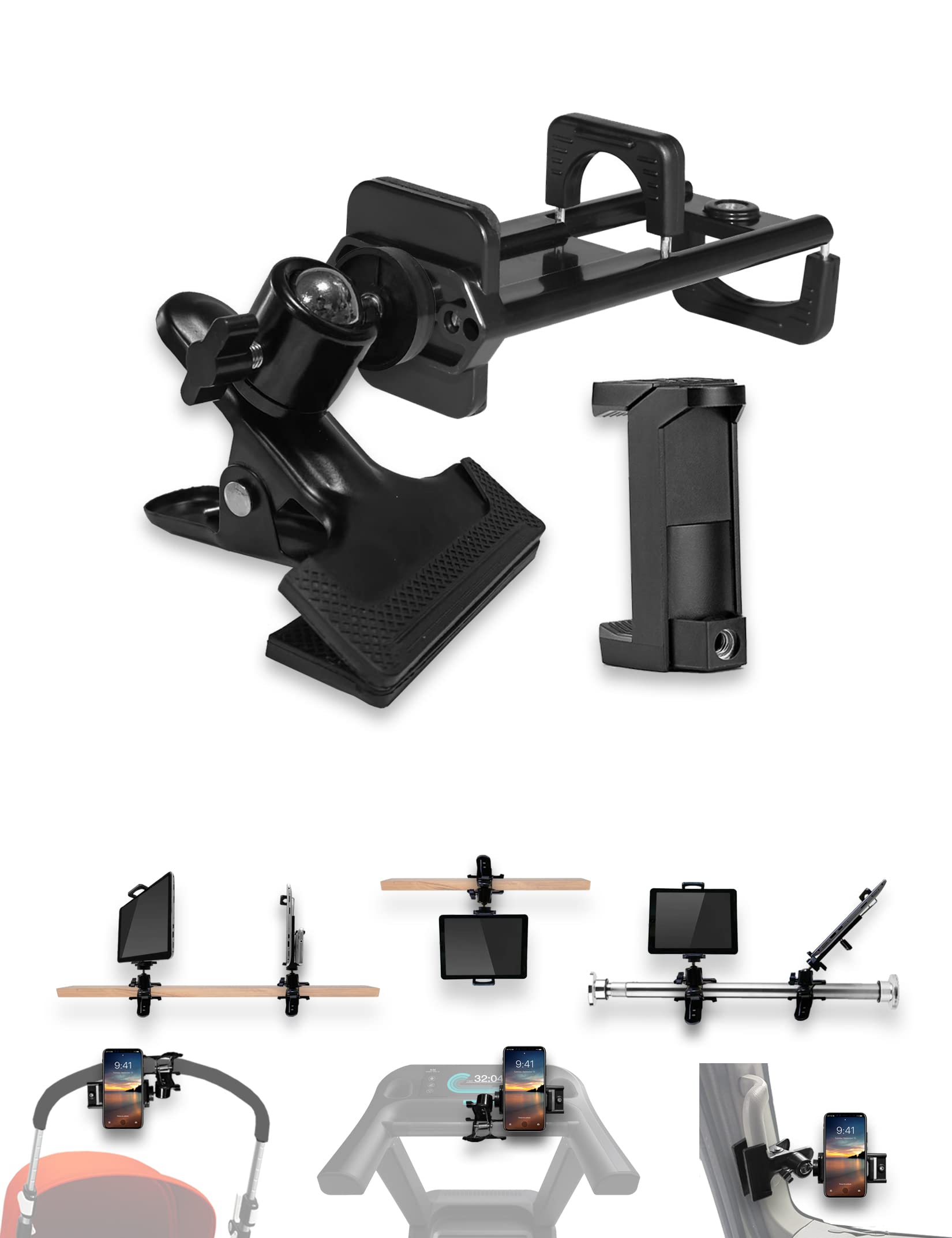 NOTMBESTM Adjustable 360° Rotating Tablet Clamp Mount - Universal iPad Desk Stand, Phone Holder for iPhone, Kindle | Perfect for Home Office, Gym Treadmill, Baby Stroller, Bed, Boat & More (Multi-Device Compatibility)