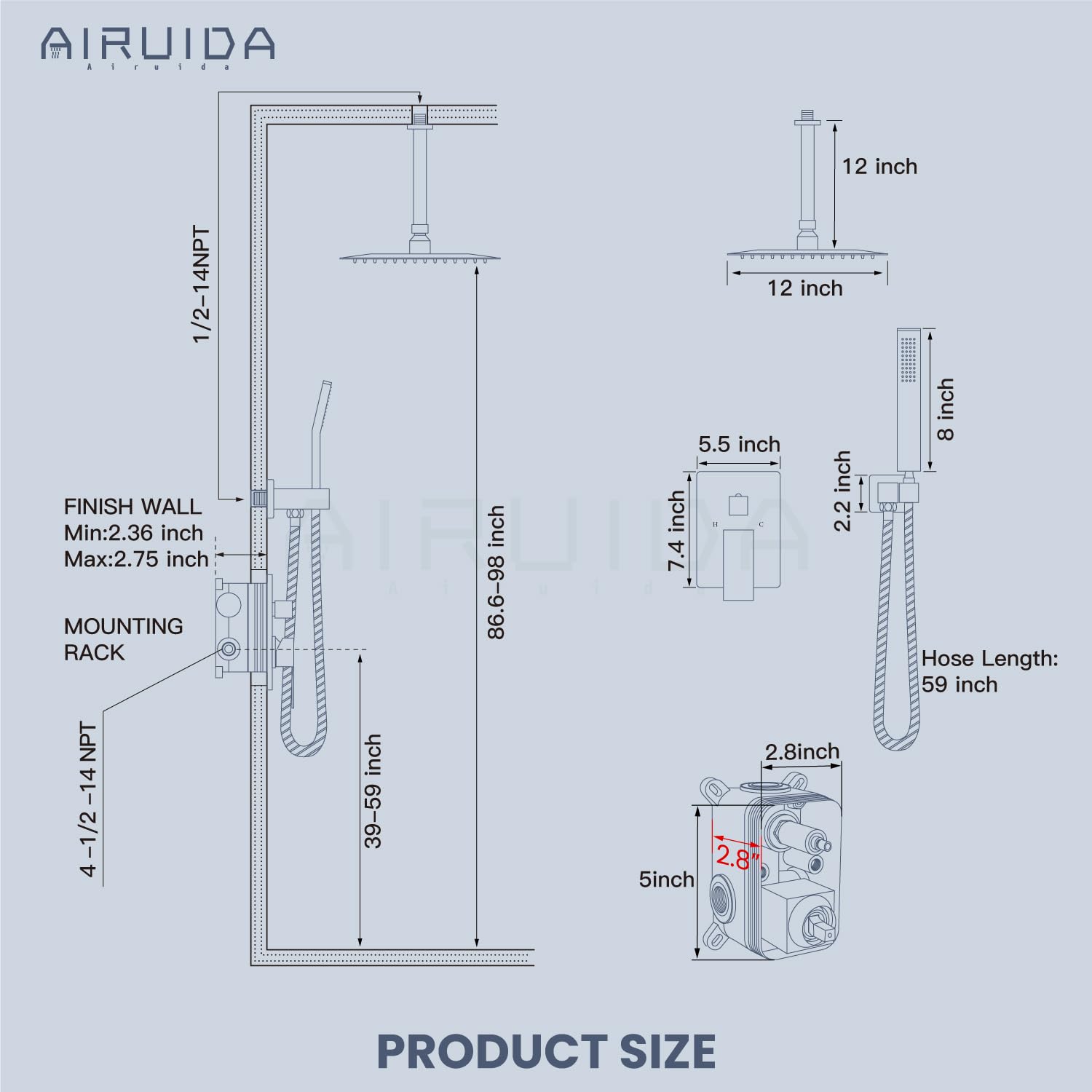 12 Inch Ultra-Thin Ceiling Mount Rain Shower System - Brushed Nickel SUS304 Luxury Shower Head with Handheld & Rough-in Valve - Perfect for Modern Bathroom & Spa Experience