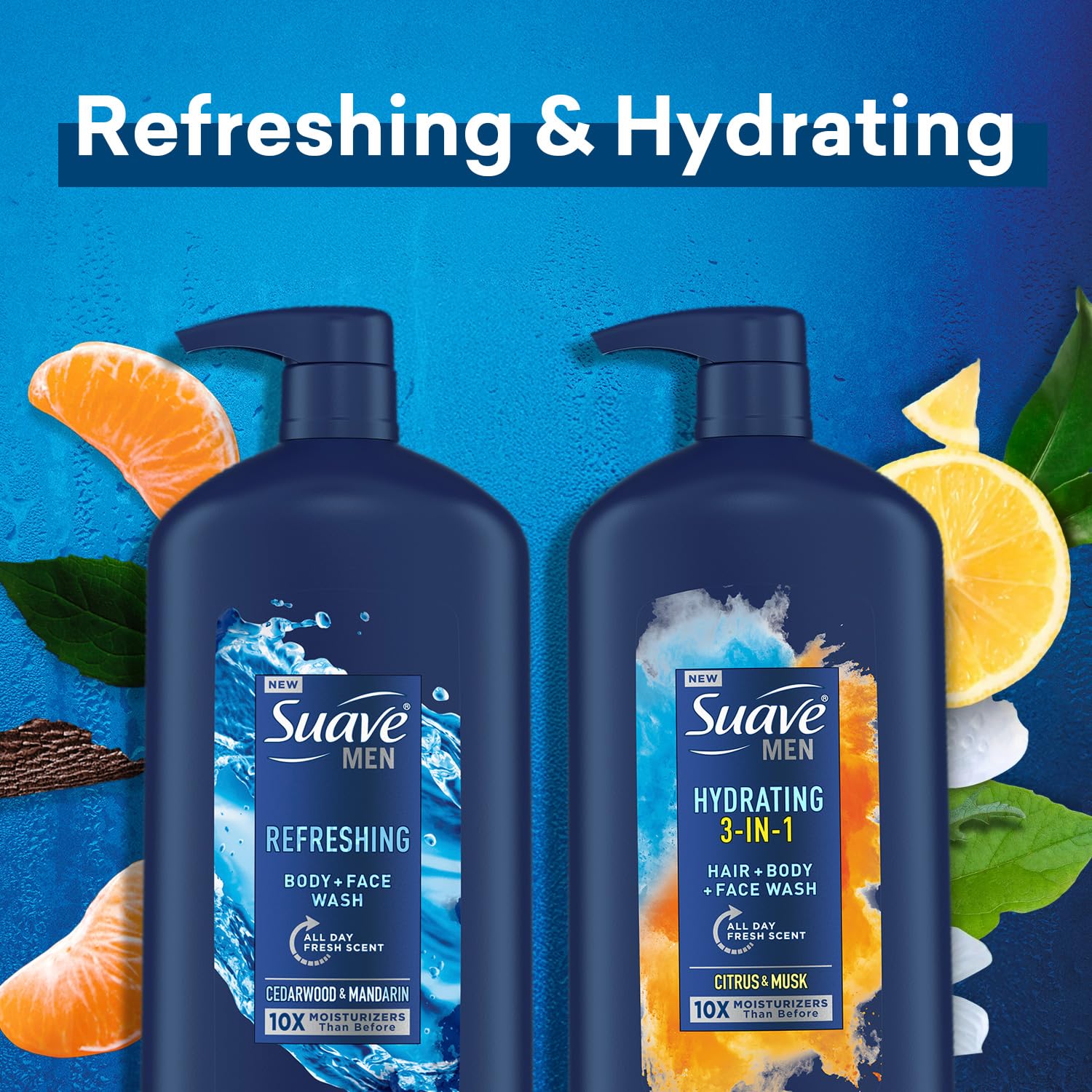 Suave Men's Shower Essentials Variety 3-Pack - Hydrating 3-in-1 Hair, Body & Face Wash + Refreshing Body & Face Wash, 30 Oz Each - Perfect for Gym, Travel & Daily Shower Routine
