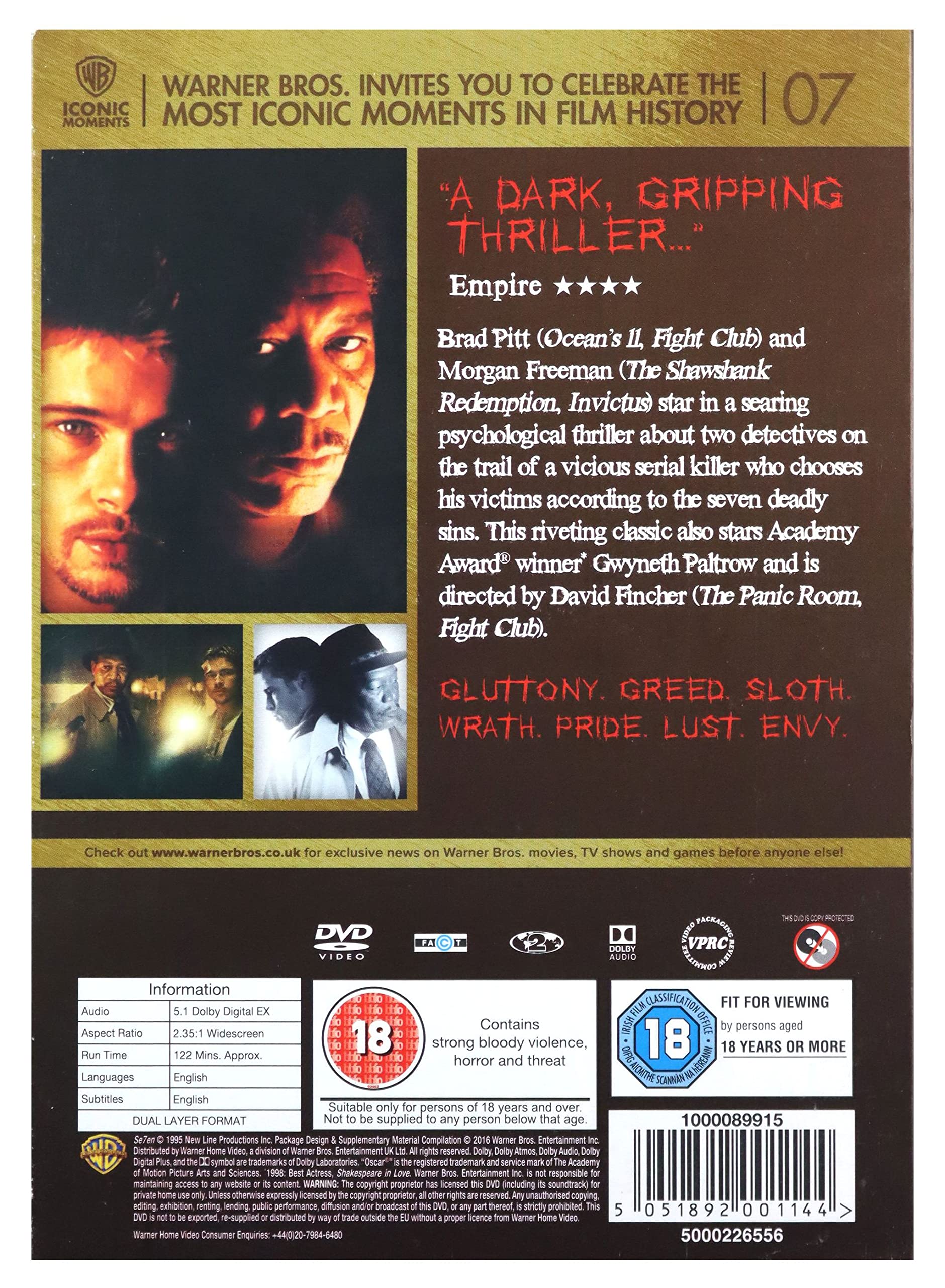 Seven (1995) DVD - Thriller Movie Starring Brad Pitt & Morgan Freeman - Perfect for Movie Nights & Suspense Lovers